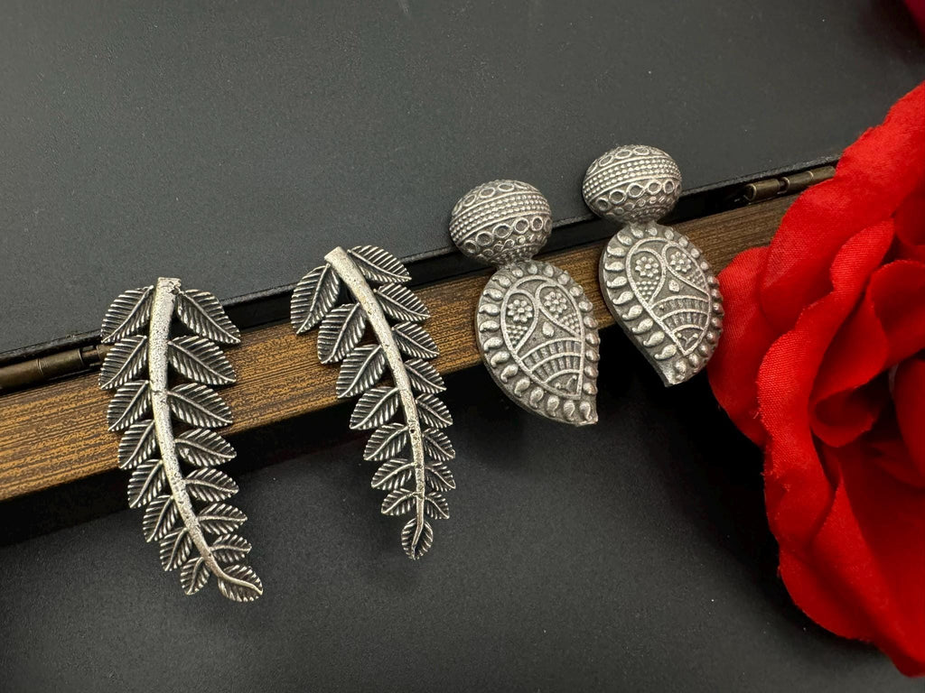 COMBO of 2 German SIlver oxidized earrings, leaf and mango earrings