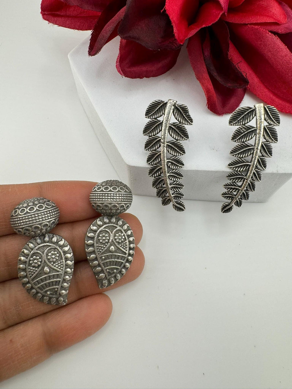 COMBO of 2 German SIlver oxidized earrings, leaf and mango earrings