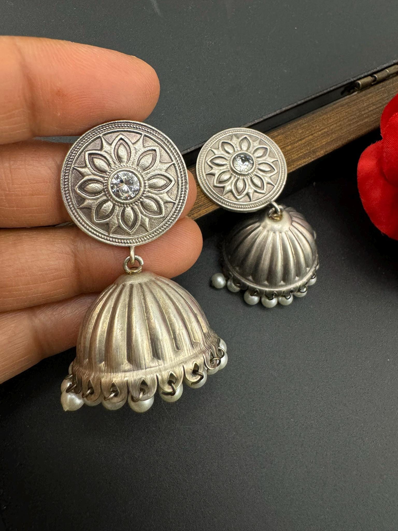 Silver Polish Premium Oxidized Jhumka earrings with CZ stone, pearls