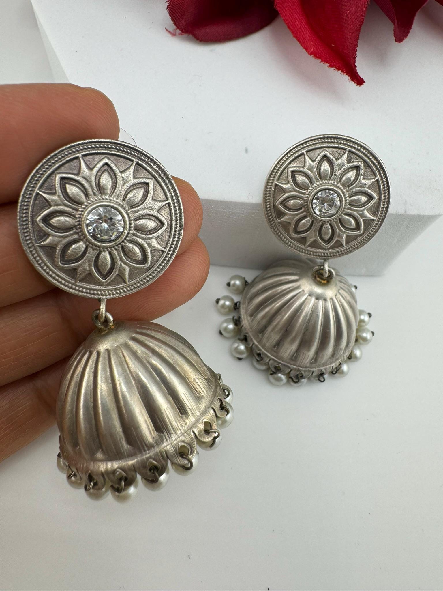 Silver Polish Premium Oxidized Jhumka earrings with CZ stone, pearls