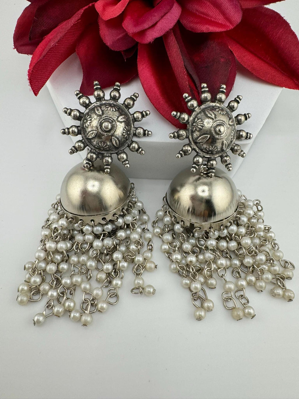 German silver oxidized Earrings with pearls and stones