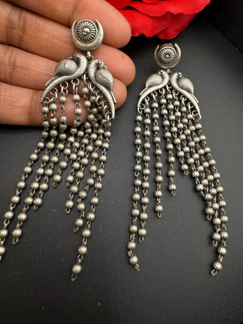 Peacock German Silver oxidized silver long earring with Tassel