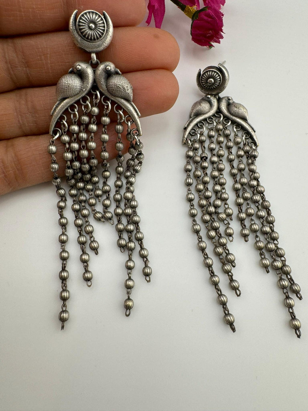 Peacock German Silver oxidized silver long earring with Tassel