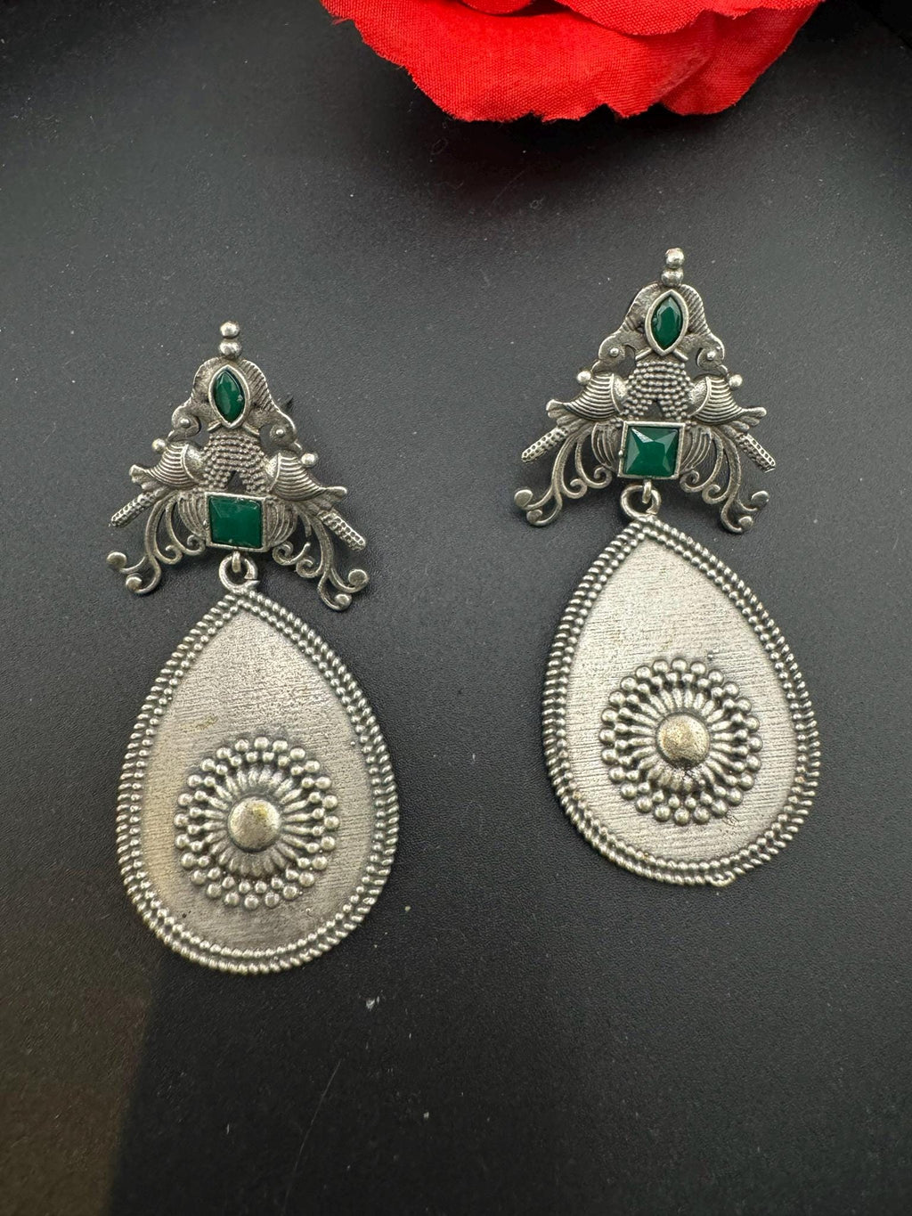 Oxidized German silver long Drop earrings with stones