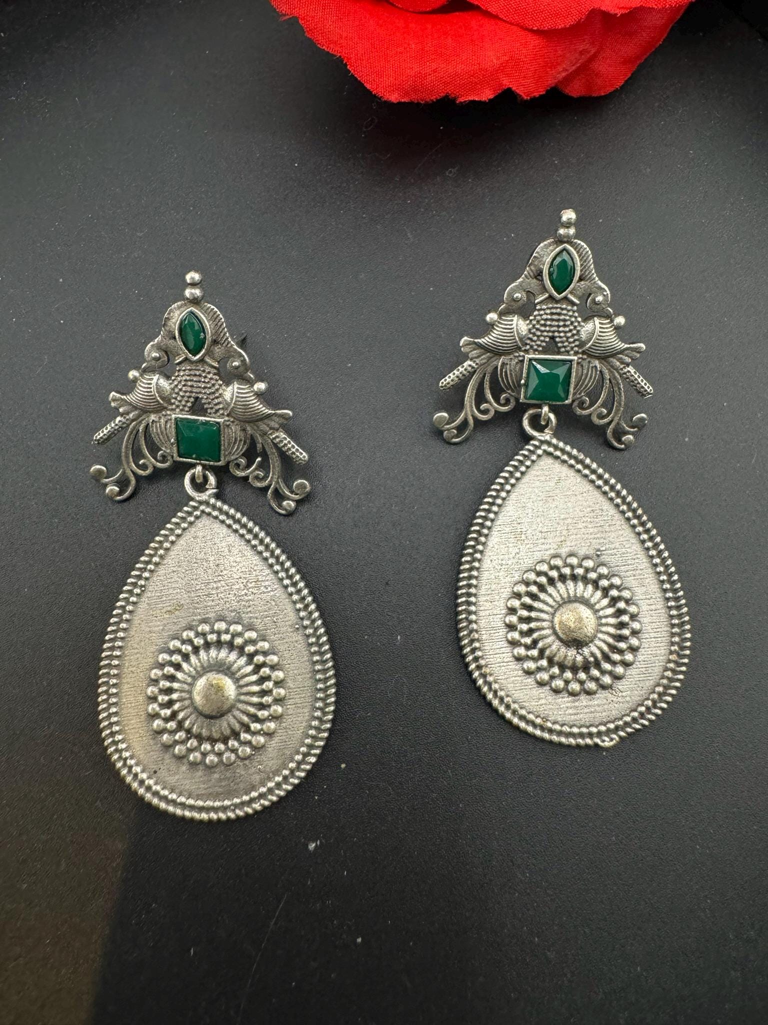 Oxidized German silver long Drop earrings with stones