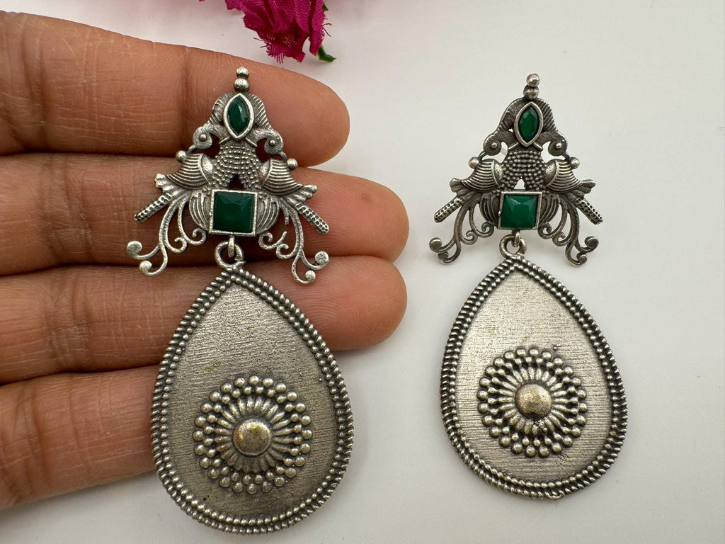 Oxidized German silver long Drop earrings with stones