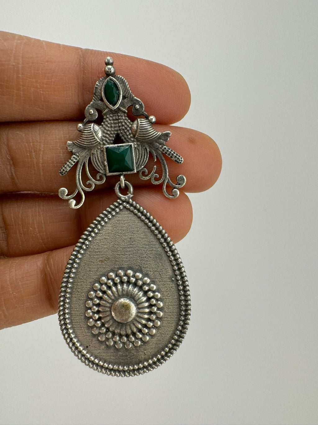 Oxidized German silver long Drop earrings with stones