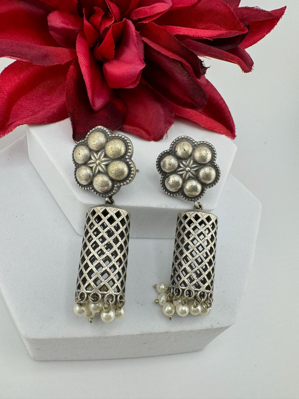 Oxidized German silver long Drum mesh earrings
