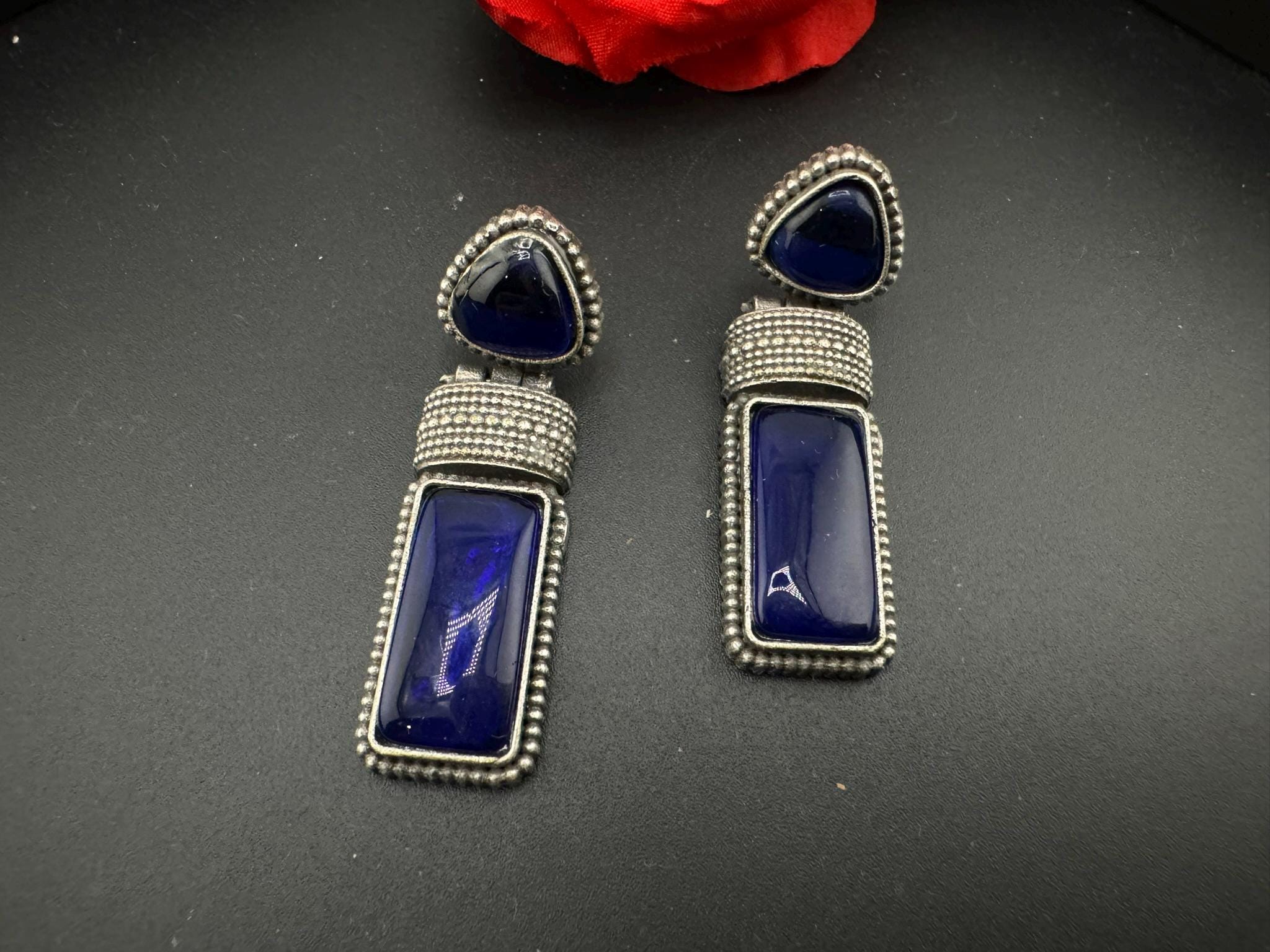 Oxidized German silver blue long earring/Oxidized silver earring/Statement Earring/Boho Earring/everyday Indian jewelry/Ethnic Earring