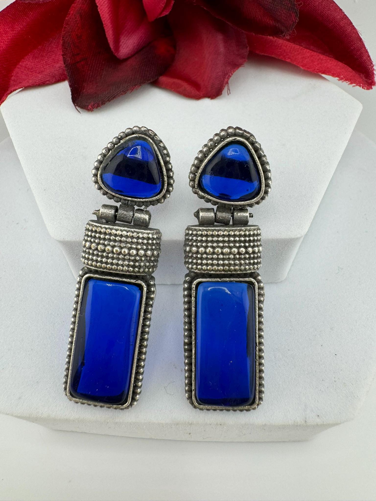 Oxidized German silver blue long earring/Oxidized silver earring/Statement Earring/Boho Earring/everyday Indian jewelry/Ethnic Earring