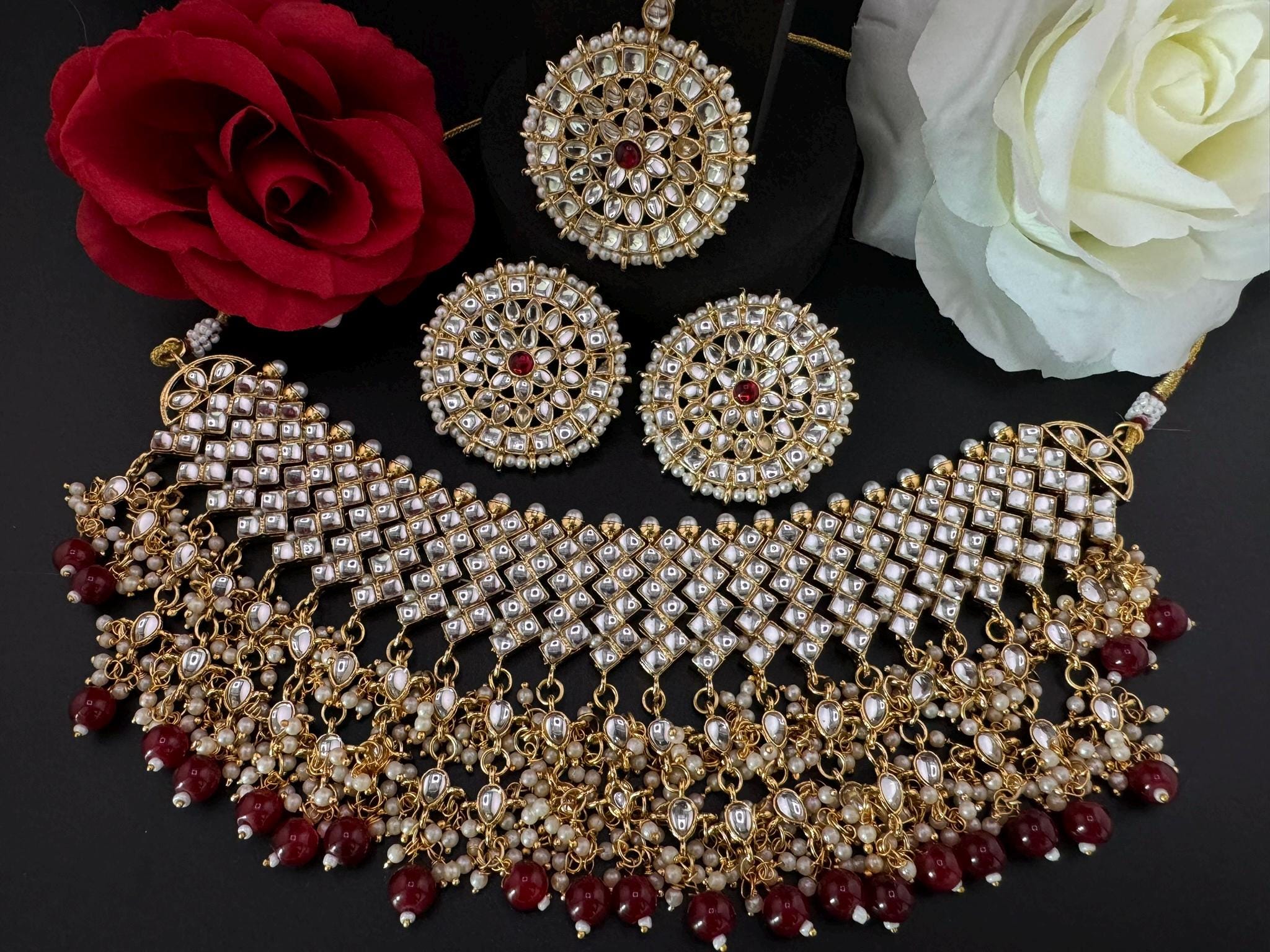 Kundan Bridal Necklace Set/High Quality Kundan set/Bridal necklace set with earring and Tika/Bridal Jewelry/Trendy Indian Bridal set