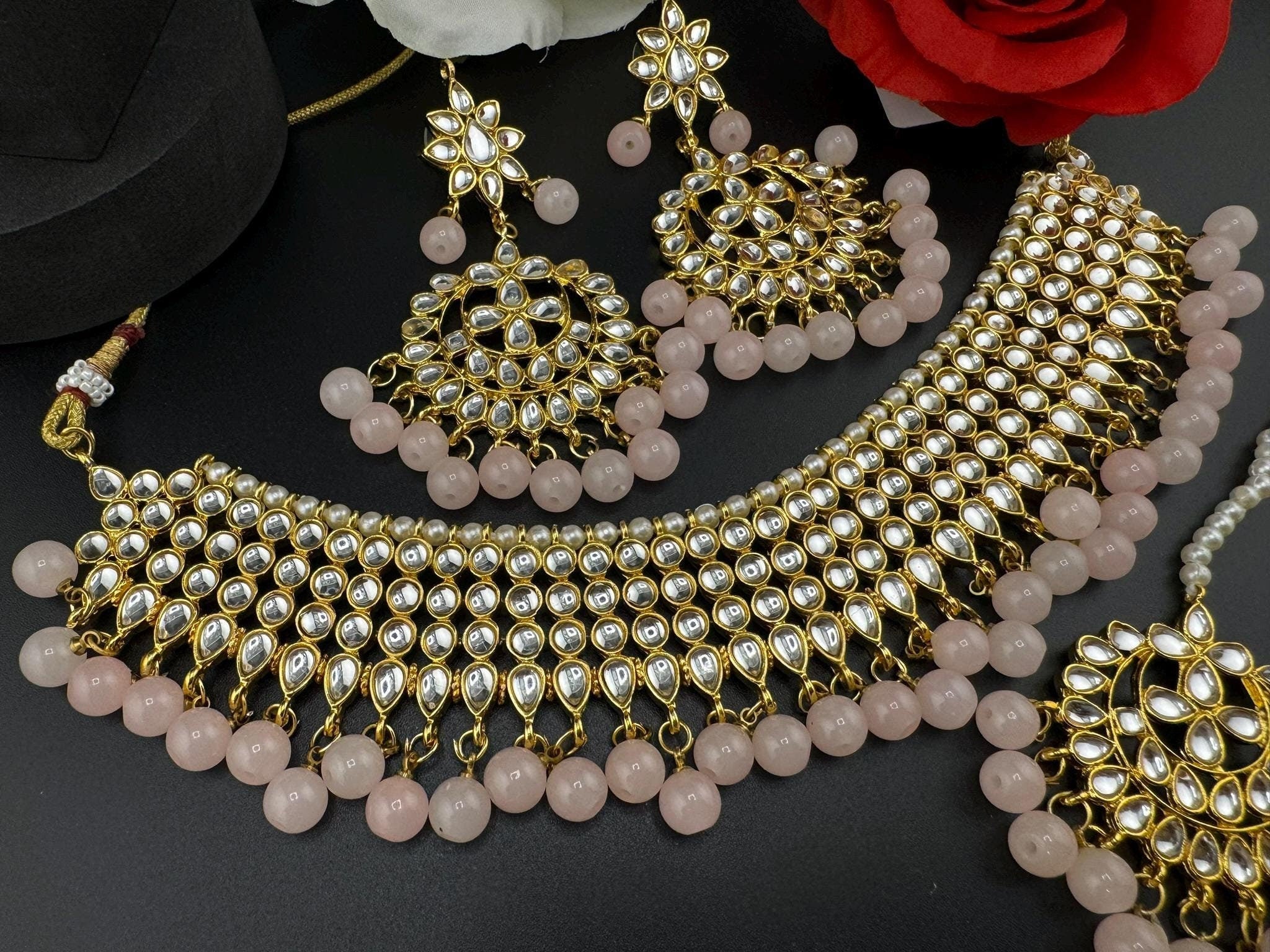 Kundan Bridal Pink Necklace Choker Set/High Quality Choker/Bridal necklace set with earring and Tika/Bridal Jewelry/Trendy Indian Bridal set