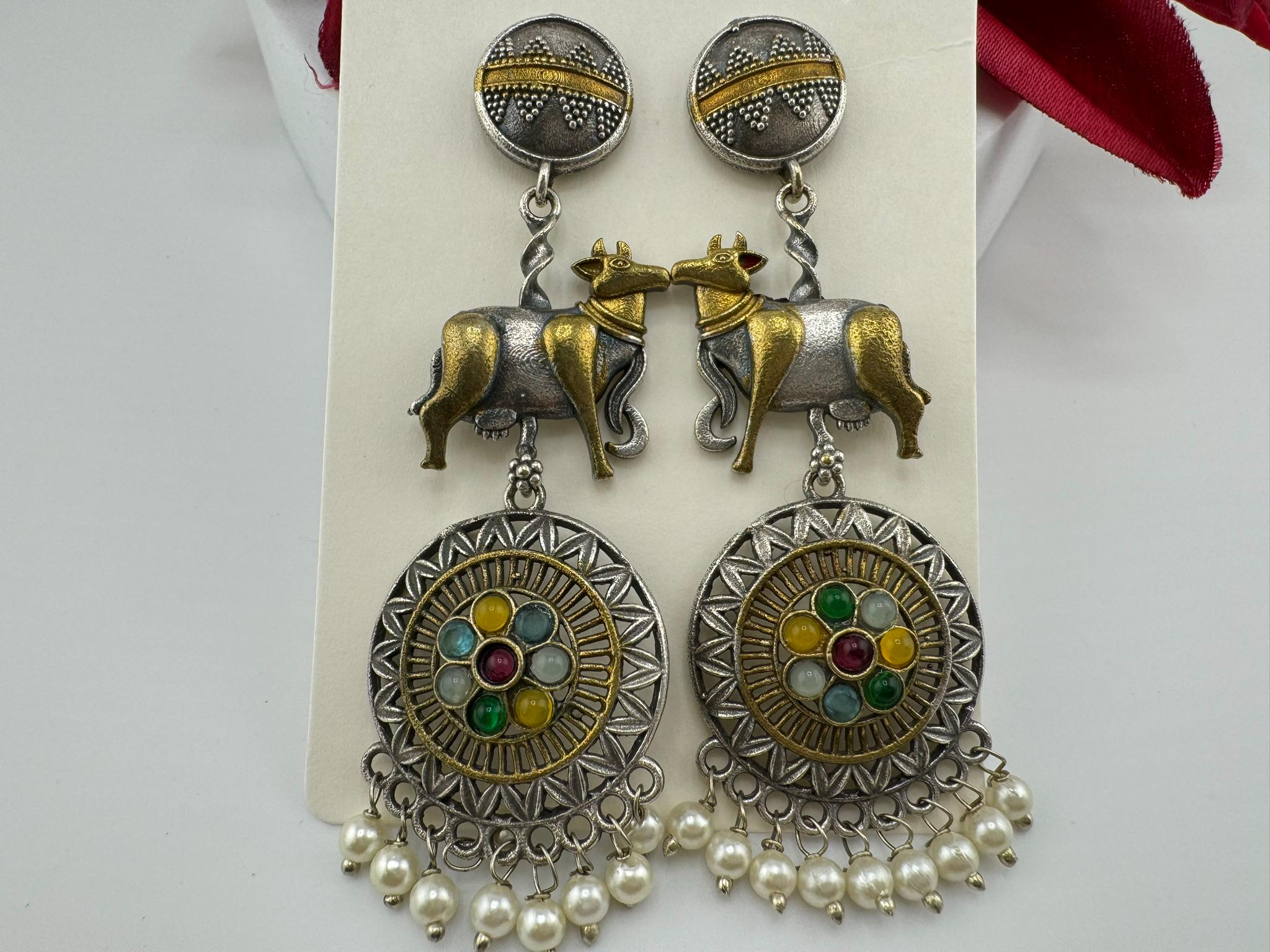 Oxidized German silver long earring with stone/Oxidized silver earring/Statement Earring/Boho Earring/everyday Indian jewelry/Ethnic Earring