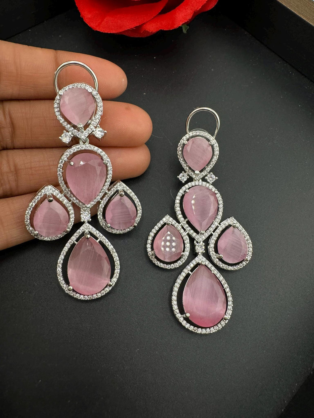 Premium Stones and Cubic Zirconia in unique drop style setting is a designer long earring/Indian earring/Bridal Jewelry/Swarovski Inspired