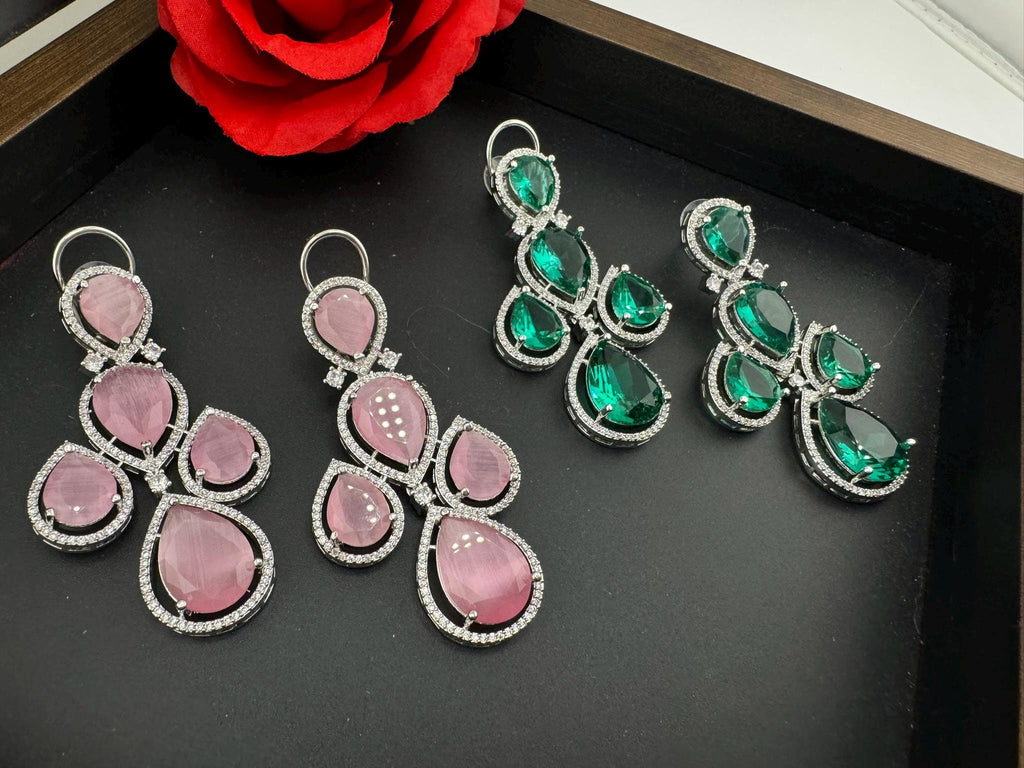 Premium Stones and Cubic Zirconia in unique drop style setting is a designer long earring/Indian earring/Bridal Jewelry/Swarovski Inspired