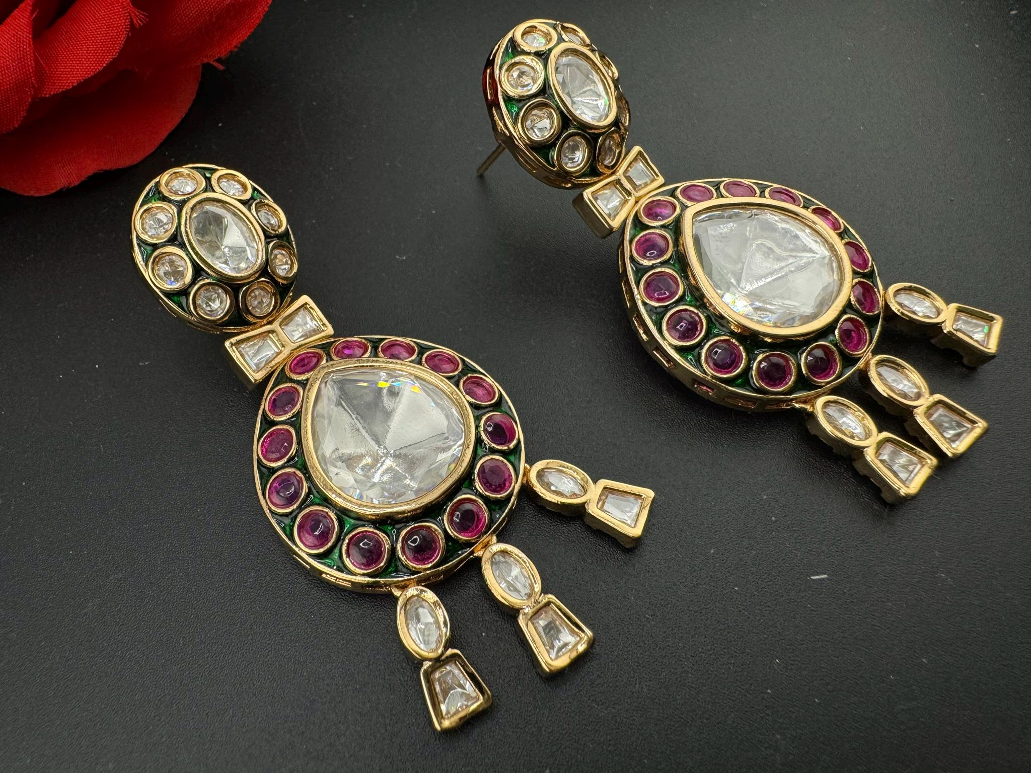 Amrapali inspired Premium Uncut Moissanite kundan with pachi kundan, CZ, Italian Minakari designer earrings