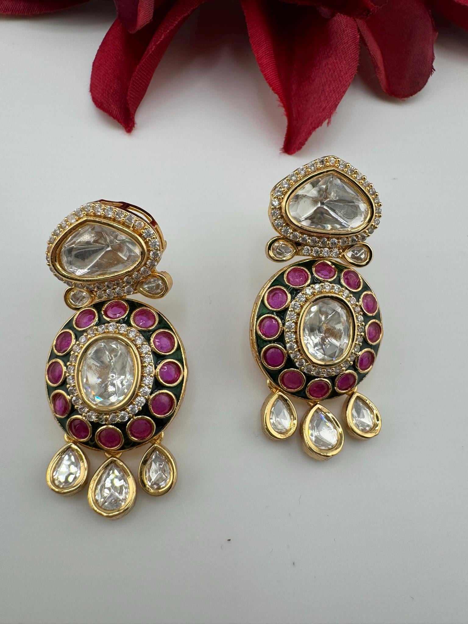 Amrapali inspired Premium Uncut Moissanite kundan with pachi kundan, CZ, Italian Minakari designer earrings