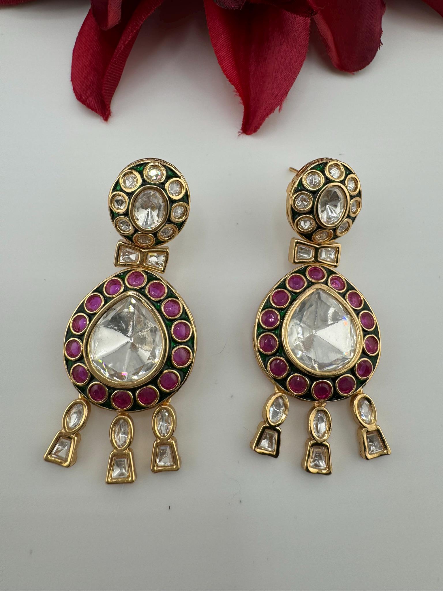 Amrapali inspired Premium Uncut Moissanite kundan with pachi kundan, CZ, Italian Minakari designer earrings