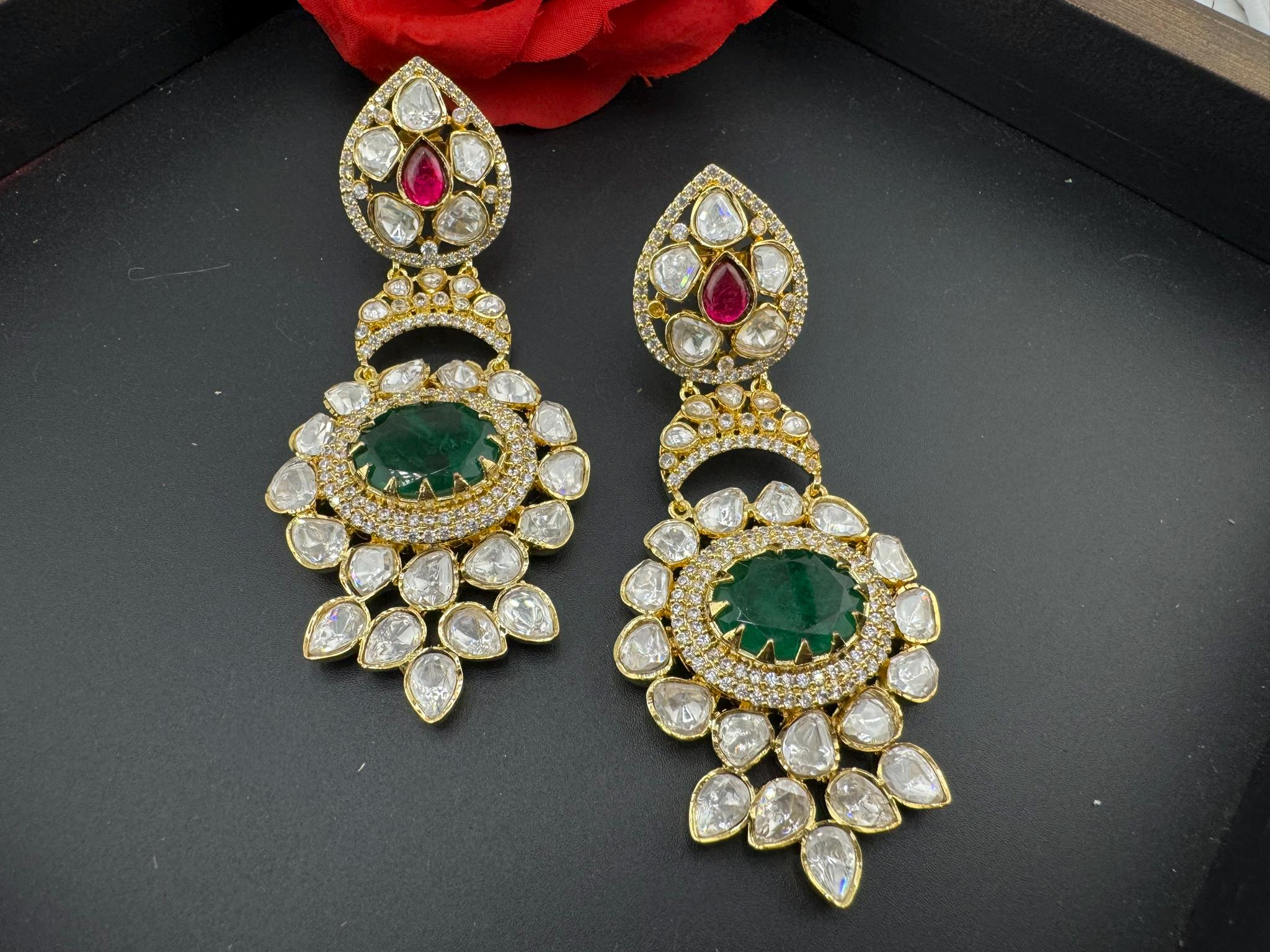 Premium Designer Uncut Kundan with Doublet stone and CZ details long earrings