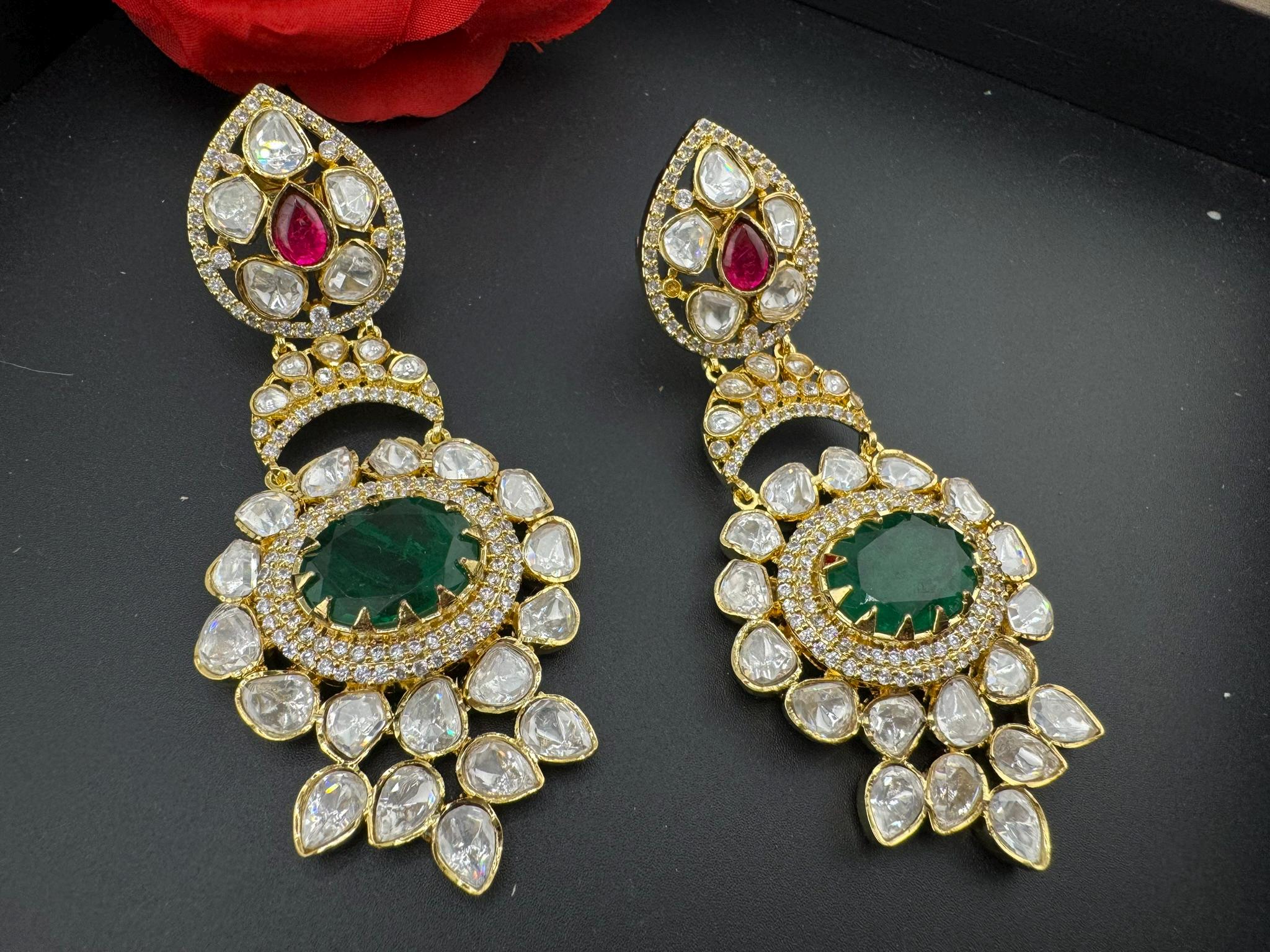 Premium Designer Uncut Kundan with Doublet stone and CZ details long earrings