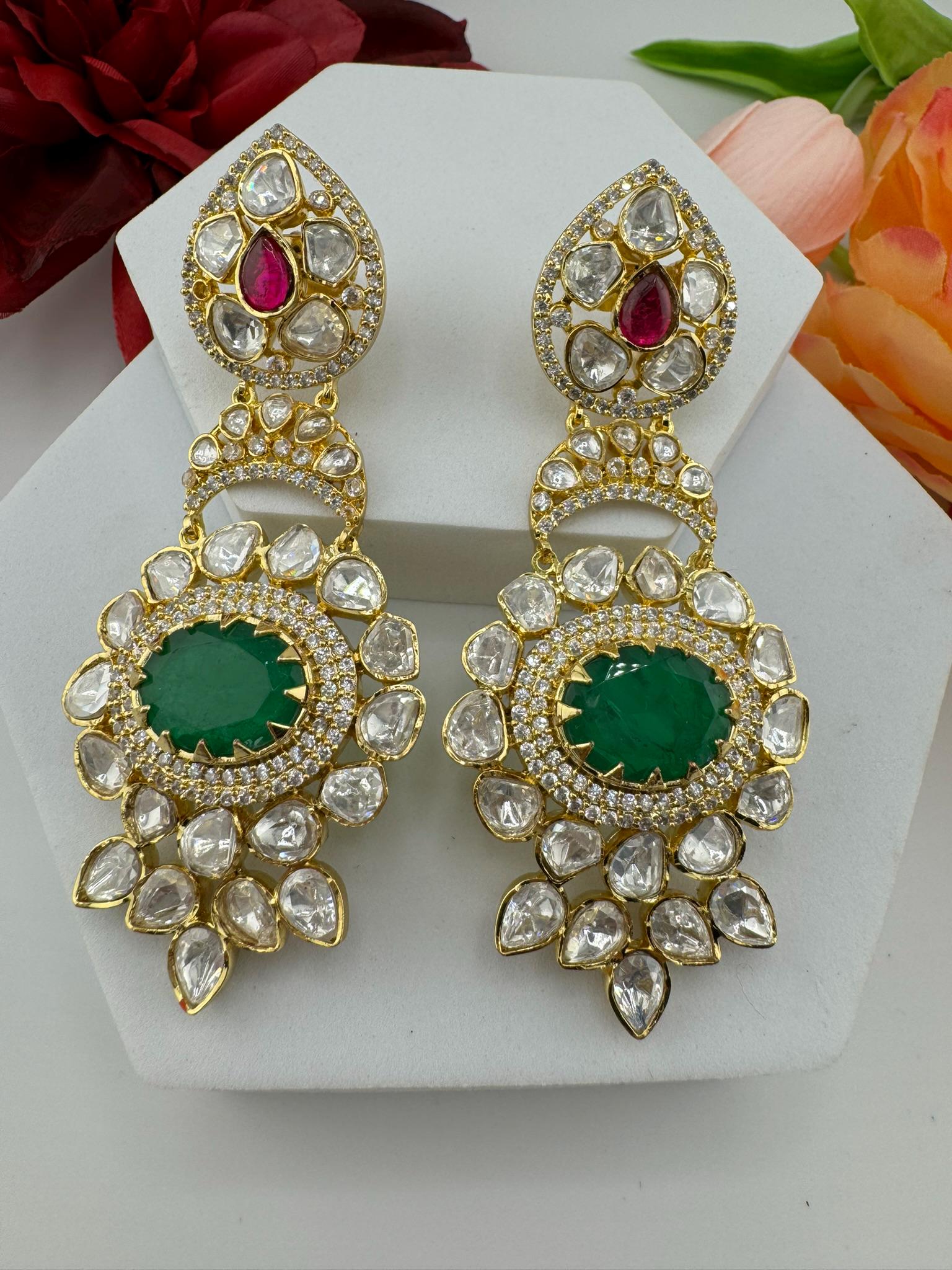 Premium Designer Uncut Kundan with Doublet stone and CZ details long earrings