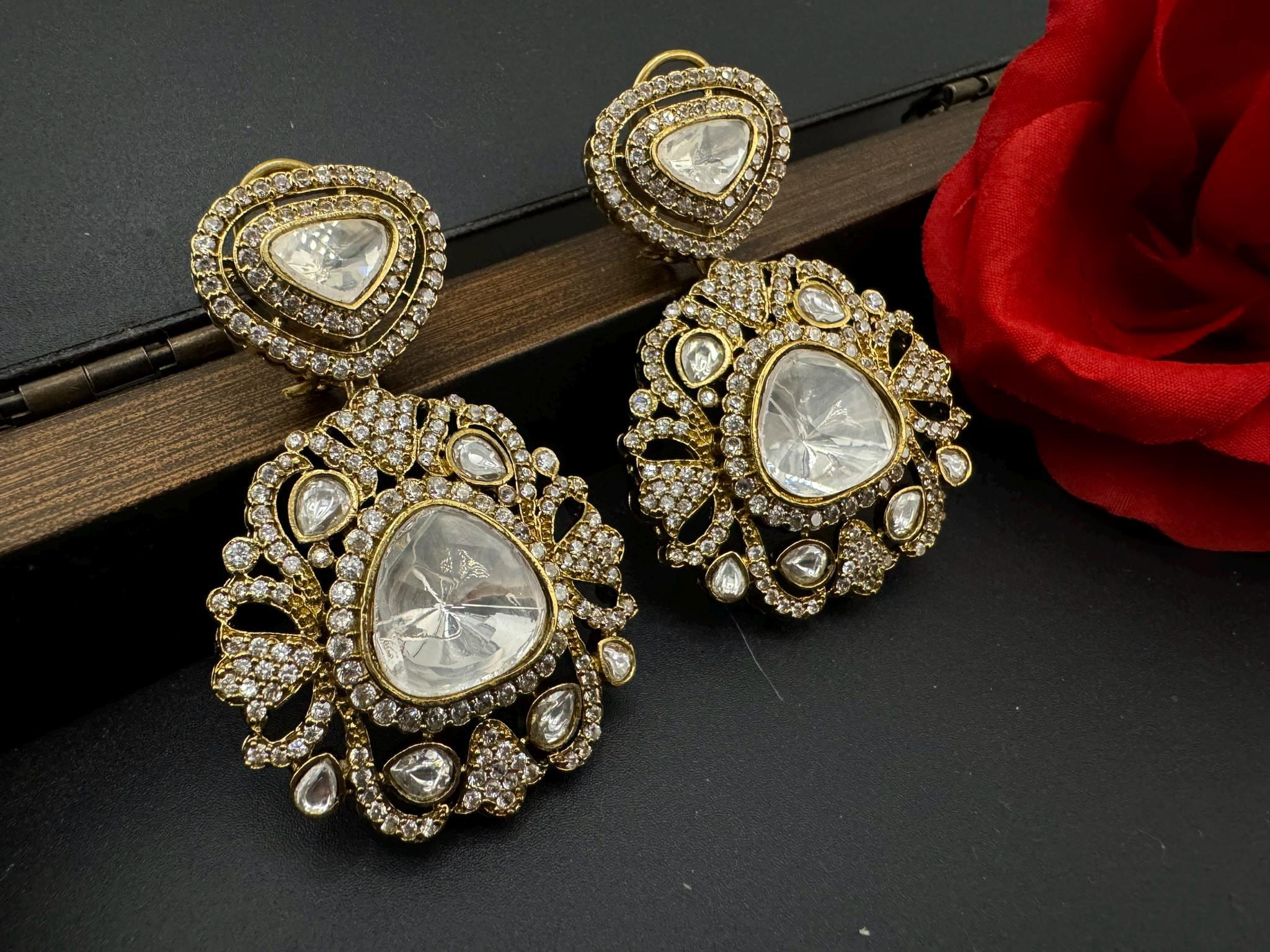 Premium Designer Moissanite Uncut Kundan and details of CZ Dangle earrings