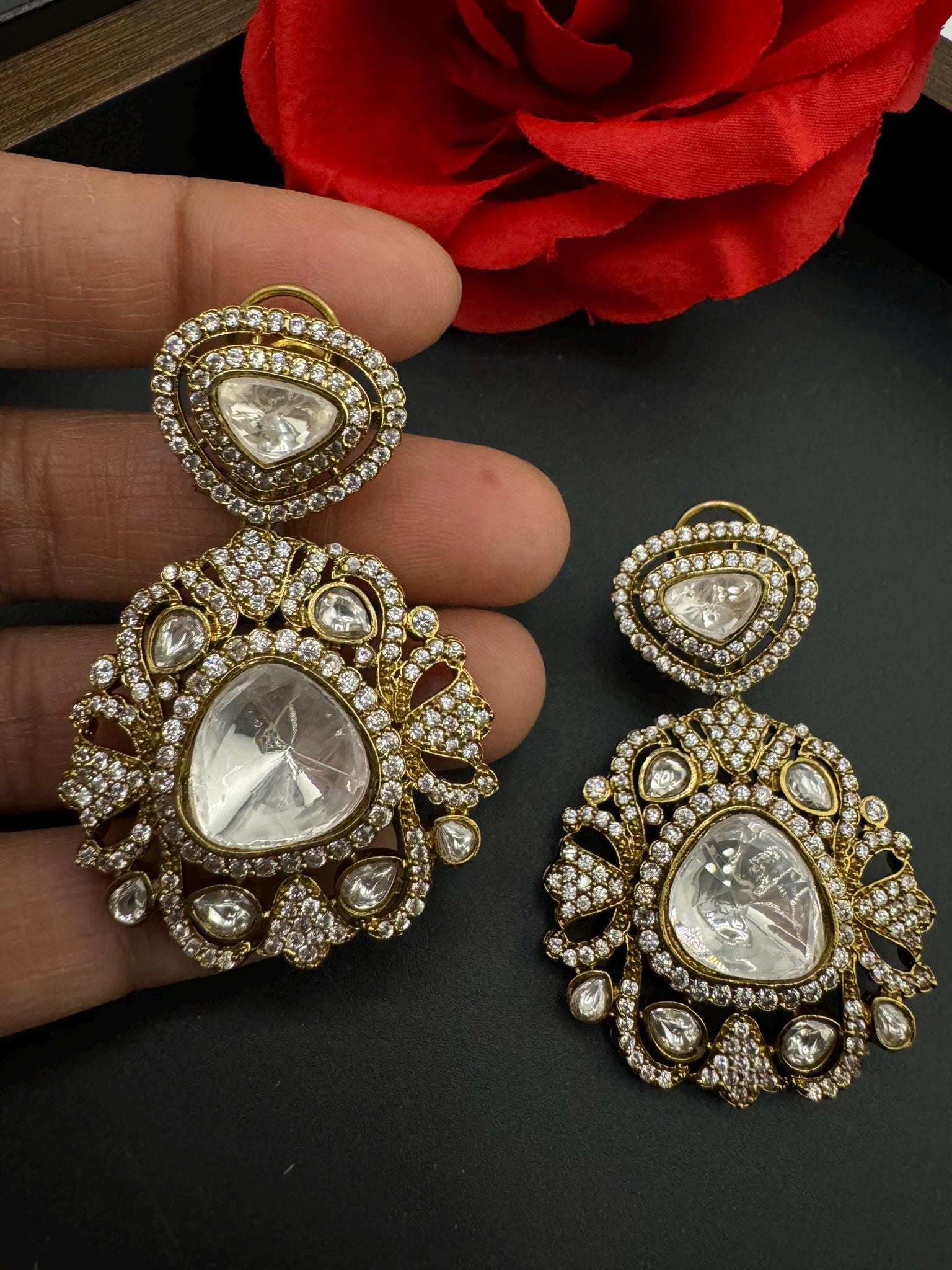 Premium Designer Moissanite Uncut Kundan and details of CZ Dangle earrings