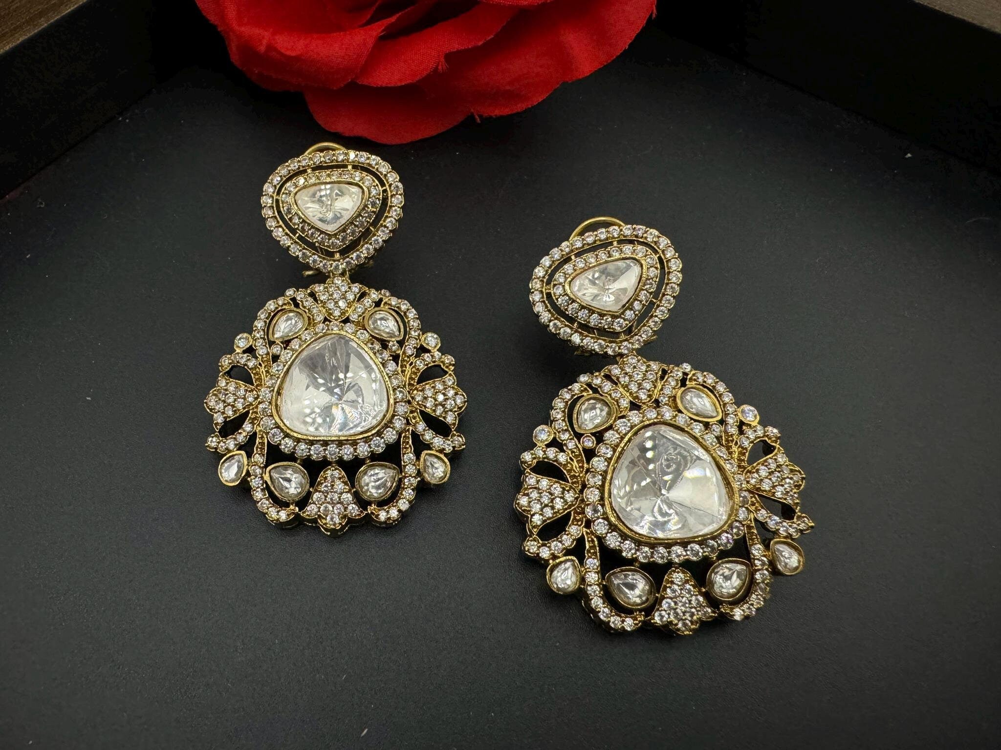 Premium Designer Moissanite Uncut Kundan and details of CZ Dangle earrings