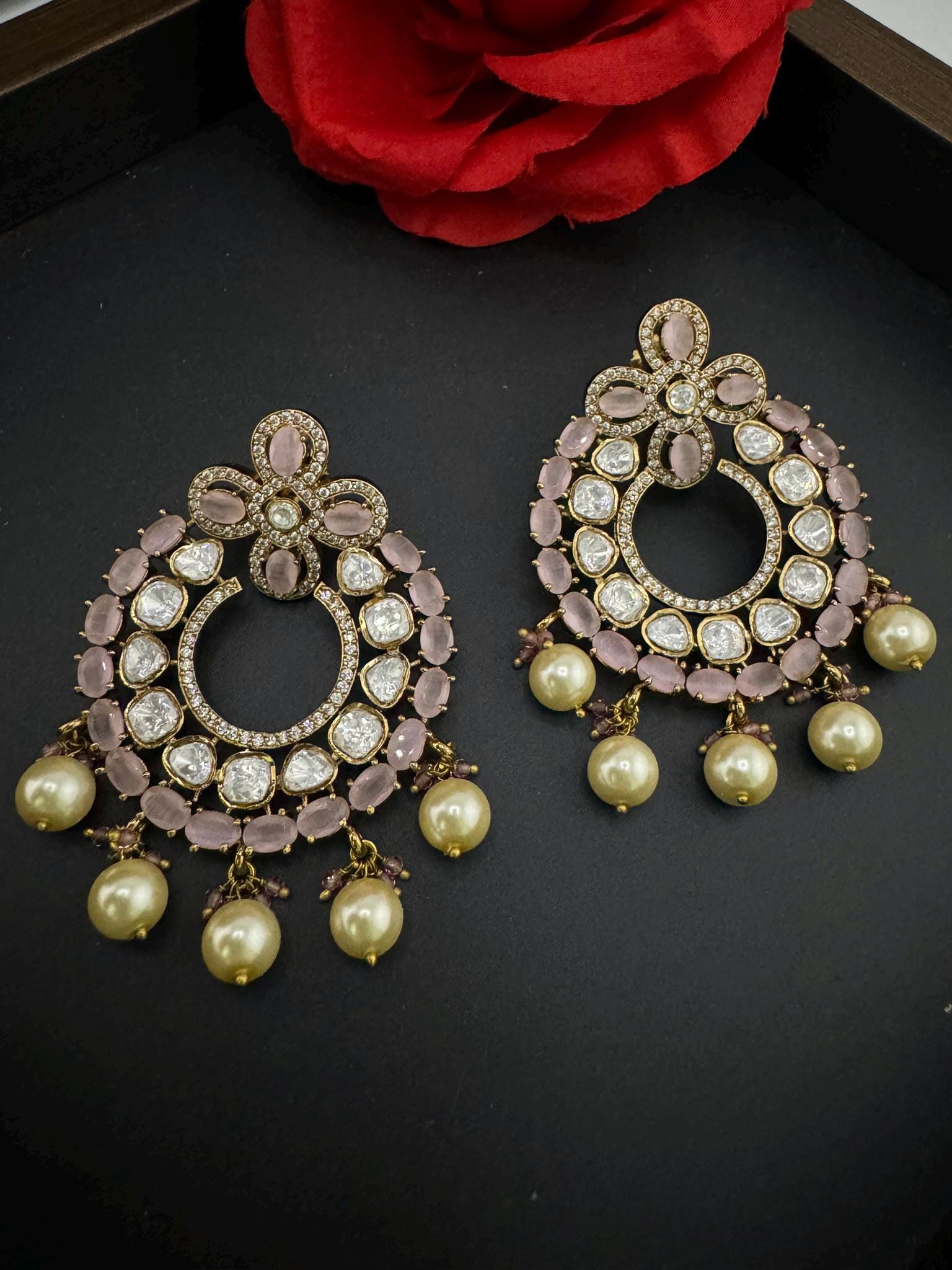 Premium Moissanite Kundan with Pink stones, CZ, Pearls designer Chandelier Earrings