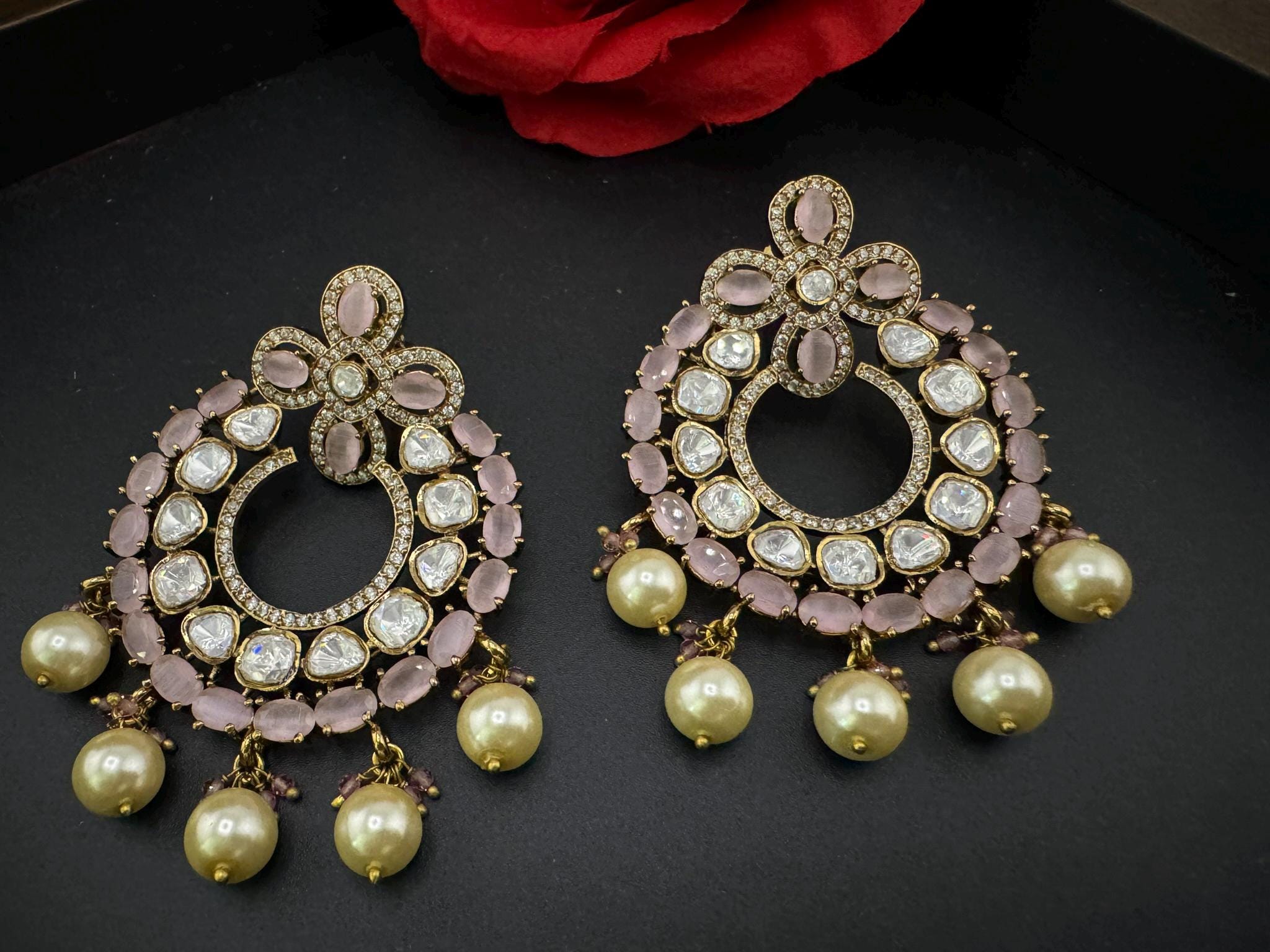 Premium Moissanite Kundan with Pink stones, CZ, Pearls designer Chandelier Earrings