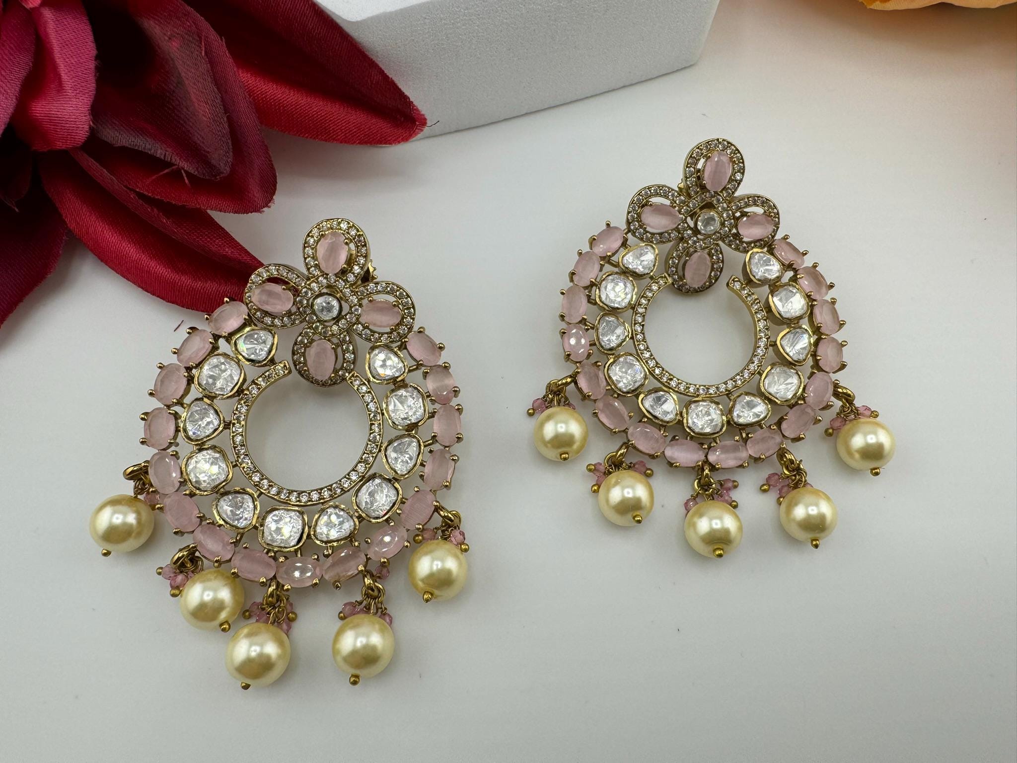 Premium Moissanite Kundan with Pink stones, CZ, Pearls designer Chandelier Earrings