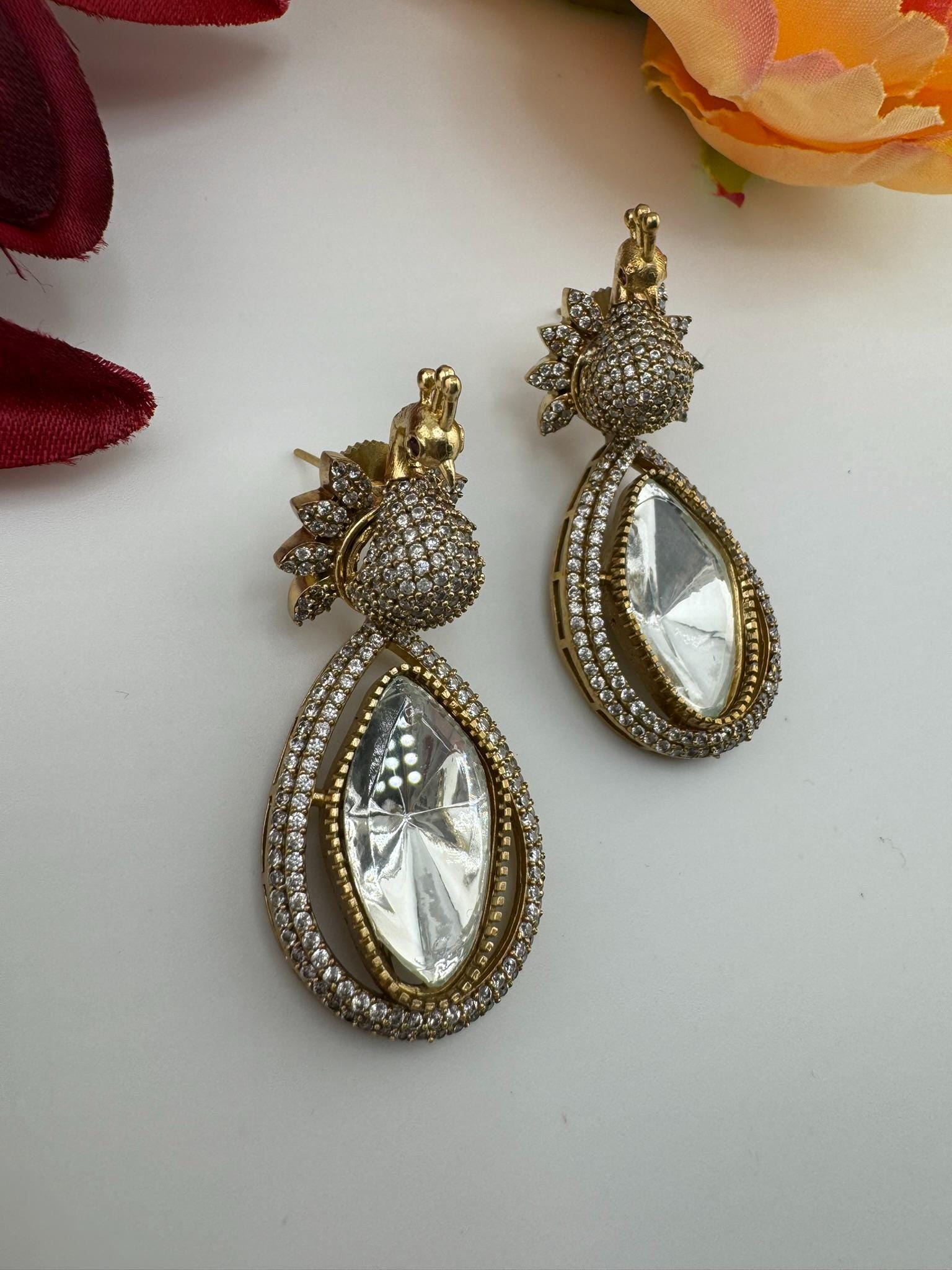 Premium High Quality Uncut Kundan 3D peacock with CZ details Tyaani Inspired designer earrings