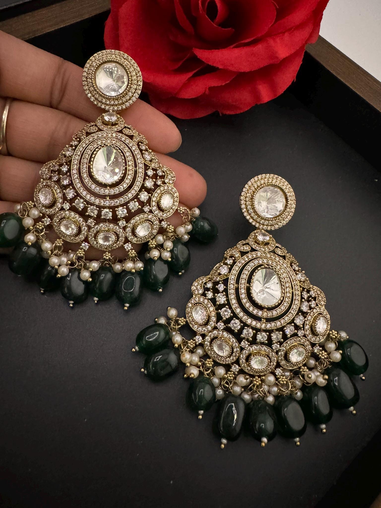 Premium Emerald Green natural stones, Moissanite Kundan with CZ designer Chand Bali earring