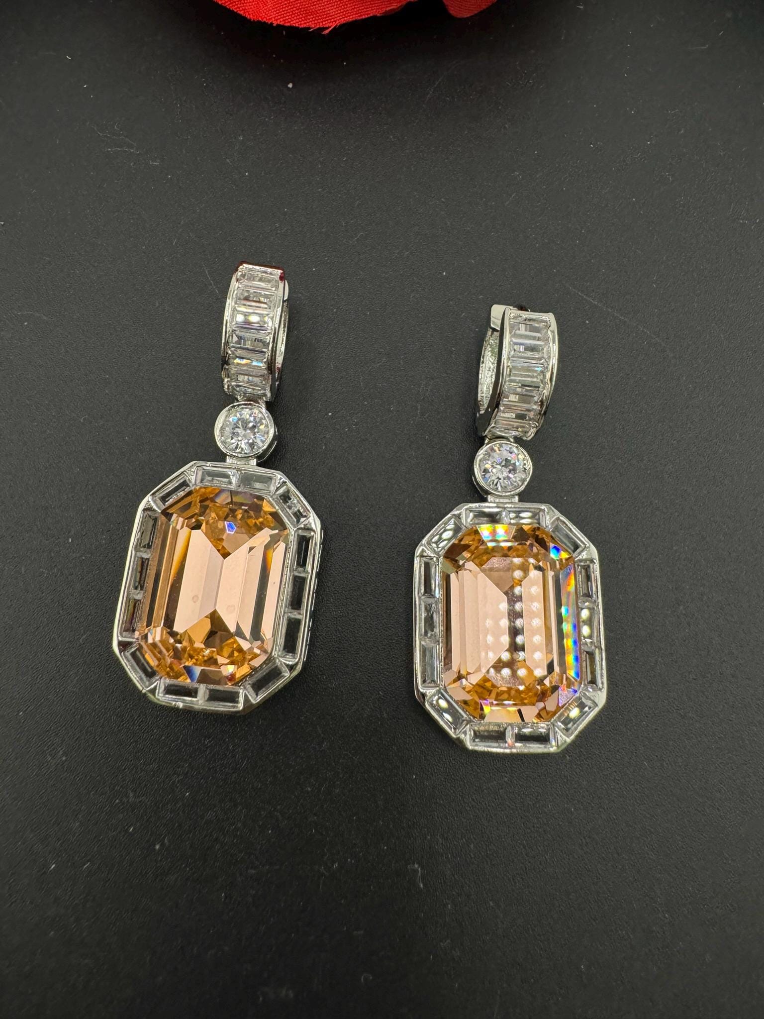 Premium Swarovski Crystal and Cubic Zirconia in rectangle drop hoops is a designer earring/Indian earring/Bridal Jewelry/Swarovski Inspired