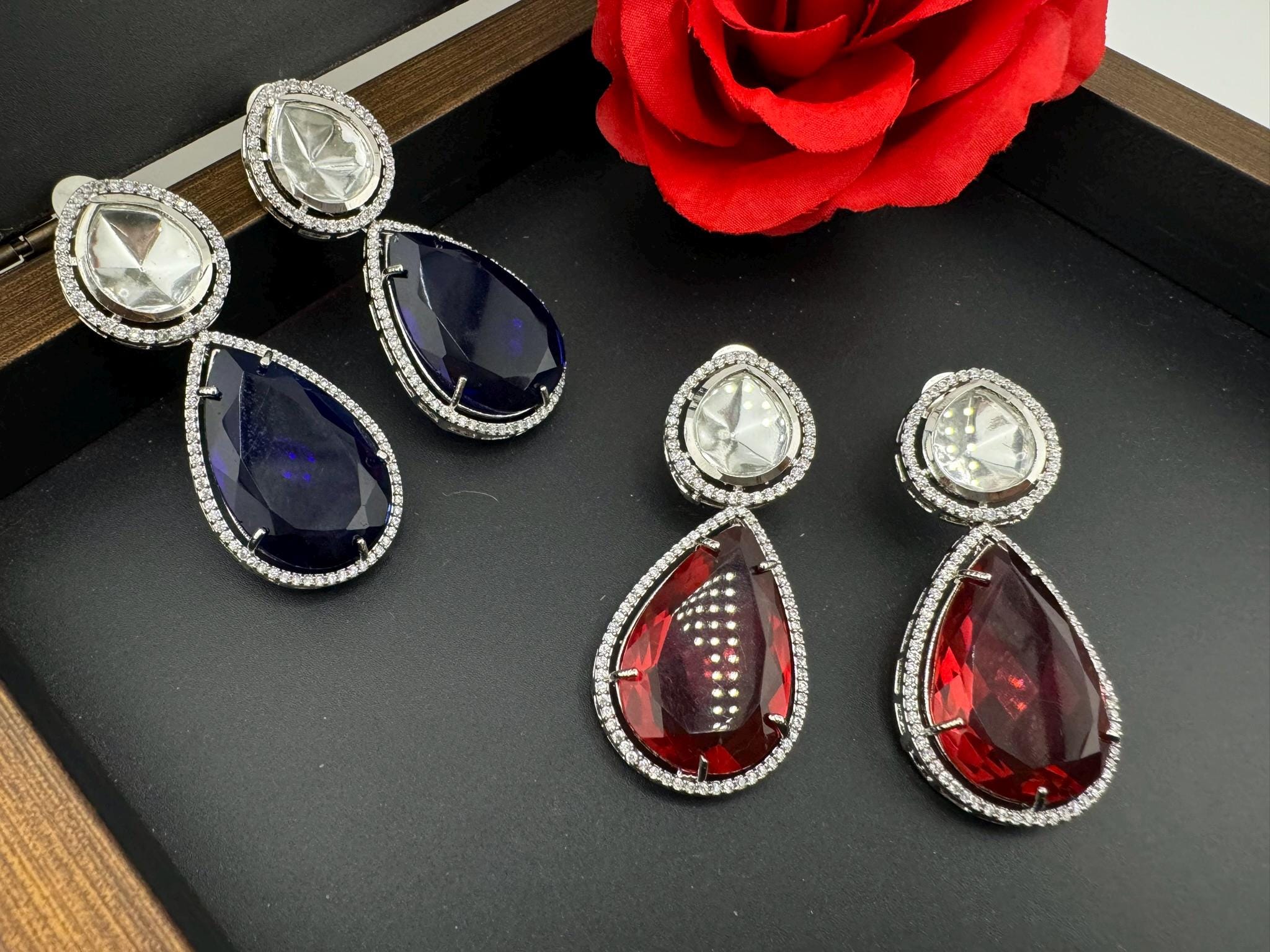 Premium Uncut Kundan, Crystal, Cubic Zirconia in unique style setting is a designer earring/Indian earring/Bridal Jewelry/Long dangler