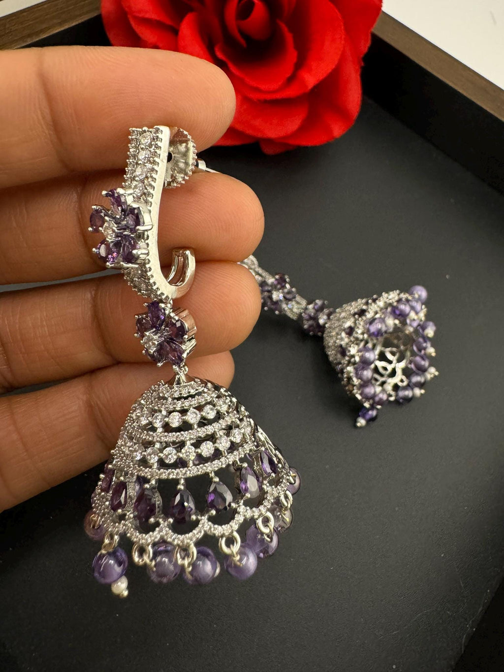 Premium Stones and Cubic Zirconia in unique Jhumka style is a designer long earring/Indian earring/Bridal Jewelry/CZ Long jhumka/lightweight