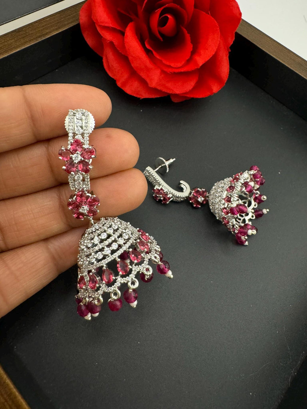 Premium Stones and Cubic Zirconia in unique Jhumka style is a designer long earring/Indian earring/Bridal Jewelry/CZ Long jhumka/lightweight