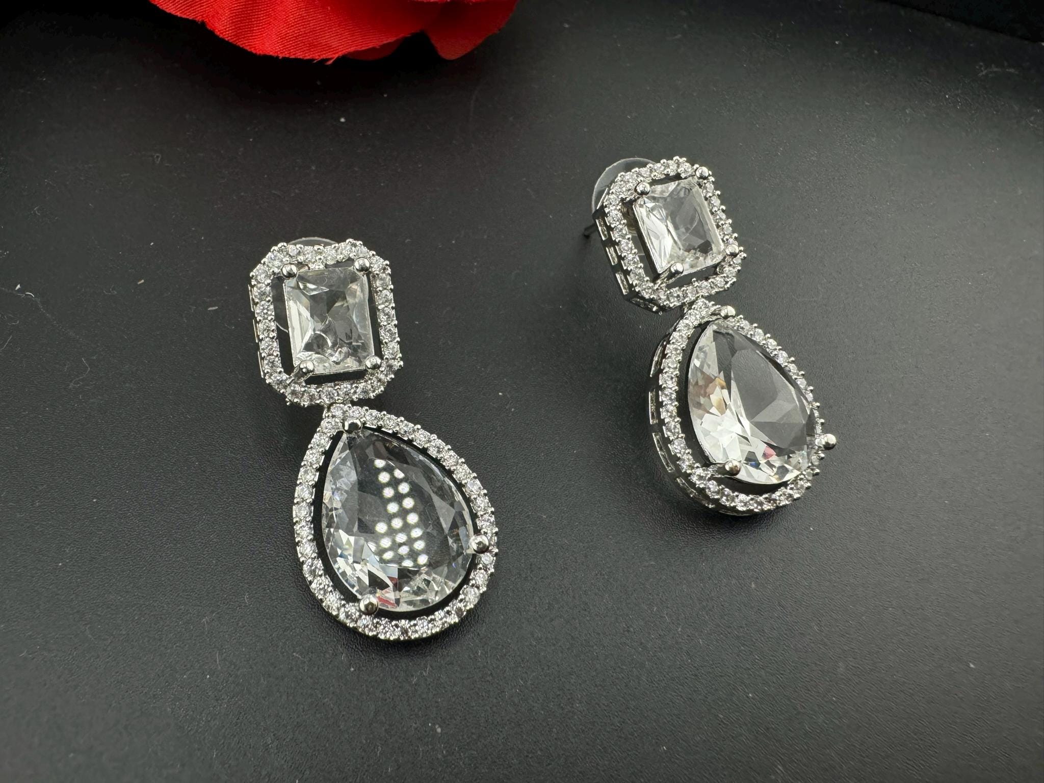 Clear Crystal and Cubic Zirconia in small drop earring/Indian earring/Bridal Jewelry/Lightweight jewelry/unique everyday jewelry/kids wear