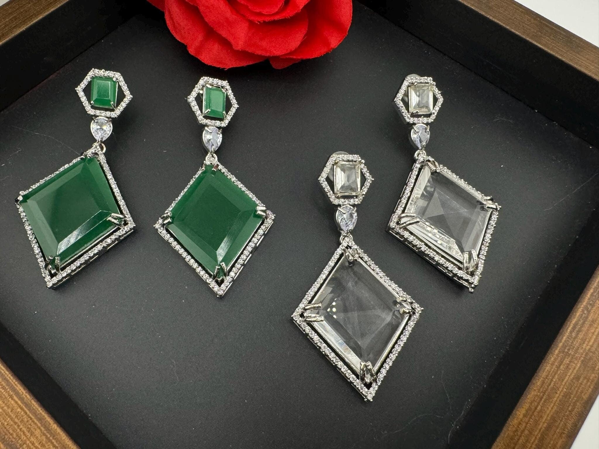 Unique clear Crystal, Stones, Cubic Zirconia in unique Diamond dangle long earring/Indian earring/Bridal Jewelry/Long dangler/lightweight