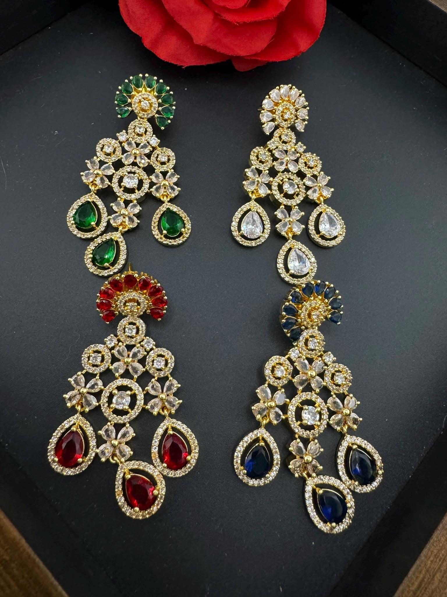 Long Cubic Zirconia Chandbali earring with stone/Gold earring/CZ earring/Statement Indian Earring/Bridal Earring/American Diamond chandelier