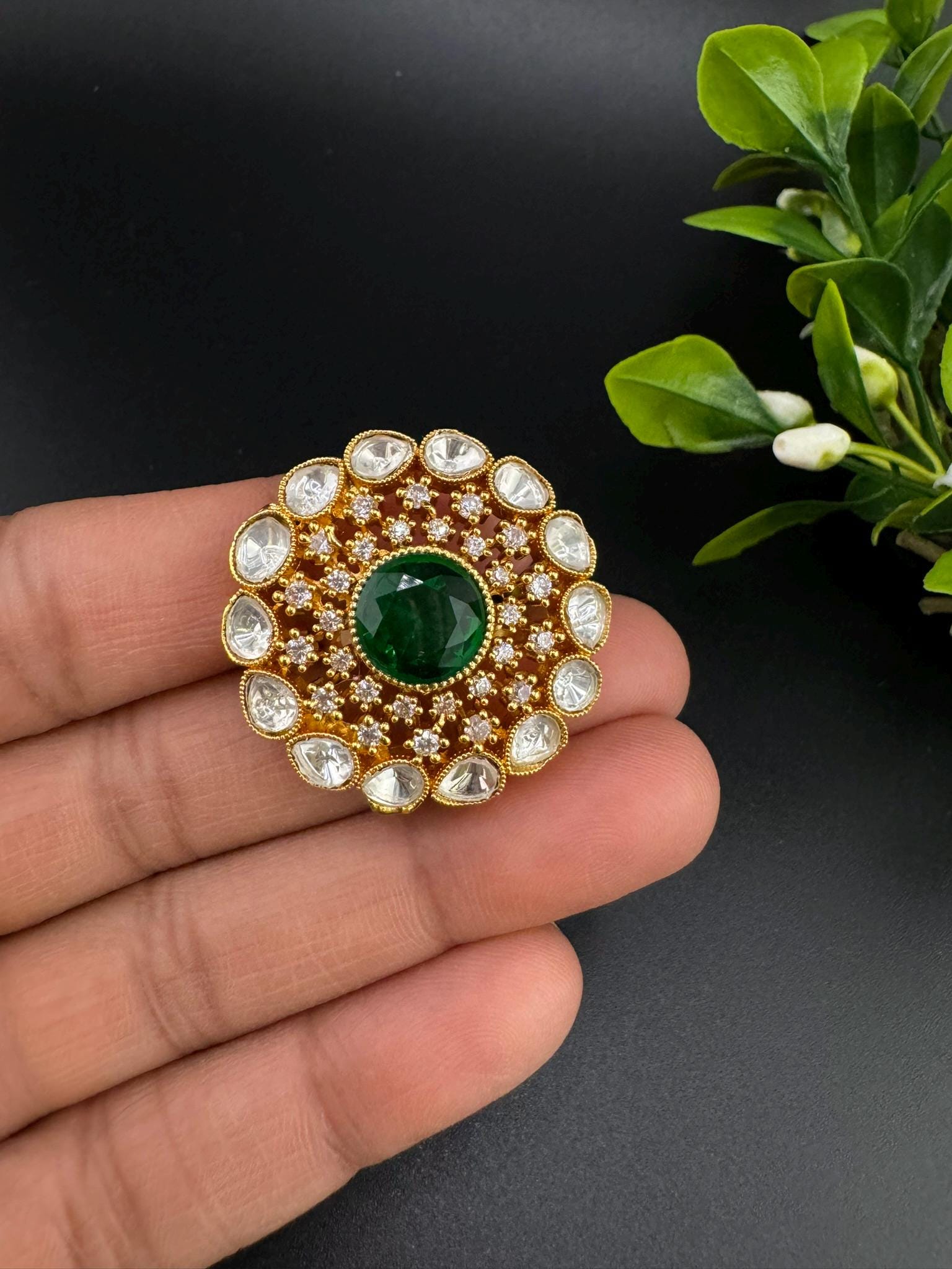 Adjustable Premium Big Finger Ring with Moissanite Kundan and Cubic Zirconia