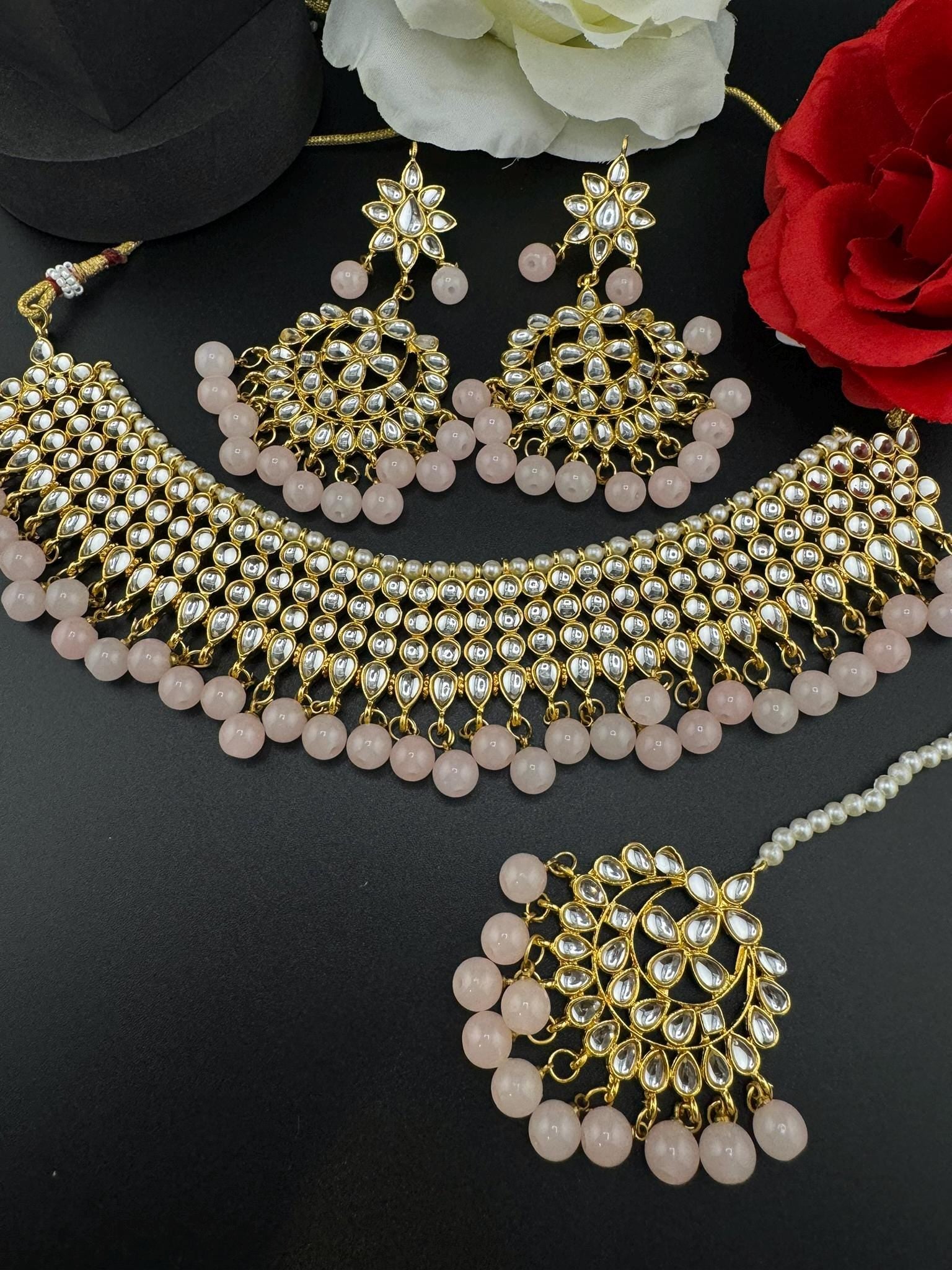 Kundan Bridal Pink Necklace Choker Set/High Quality Choker/Bridal necklace set with earring and Tika/Bridal Jewelry/Trendy Indian Bridal set