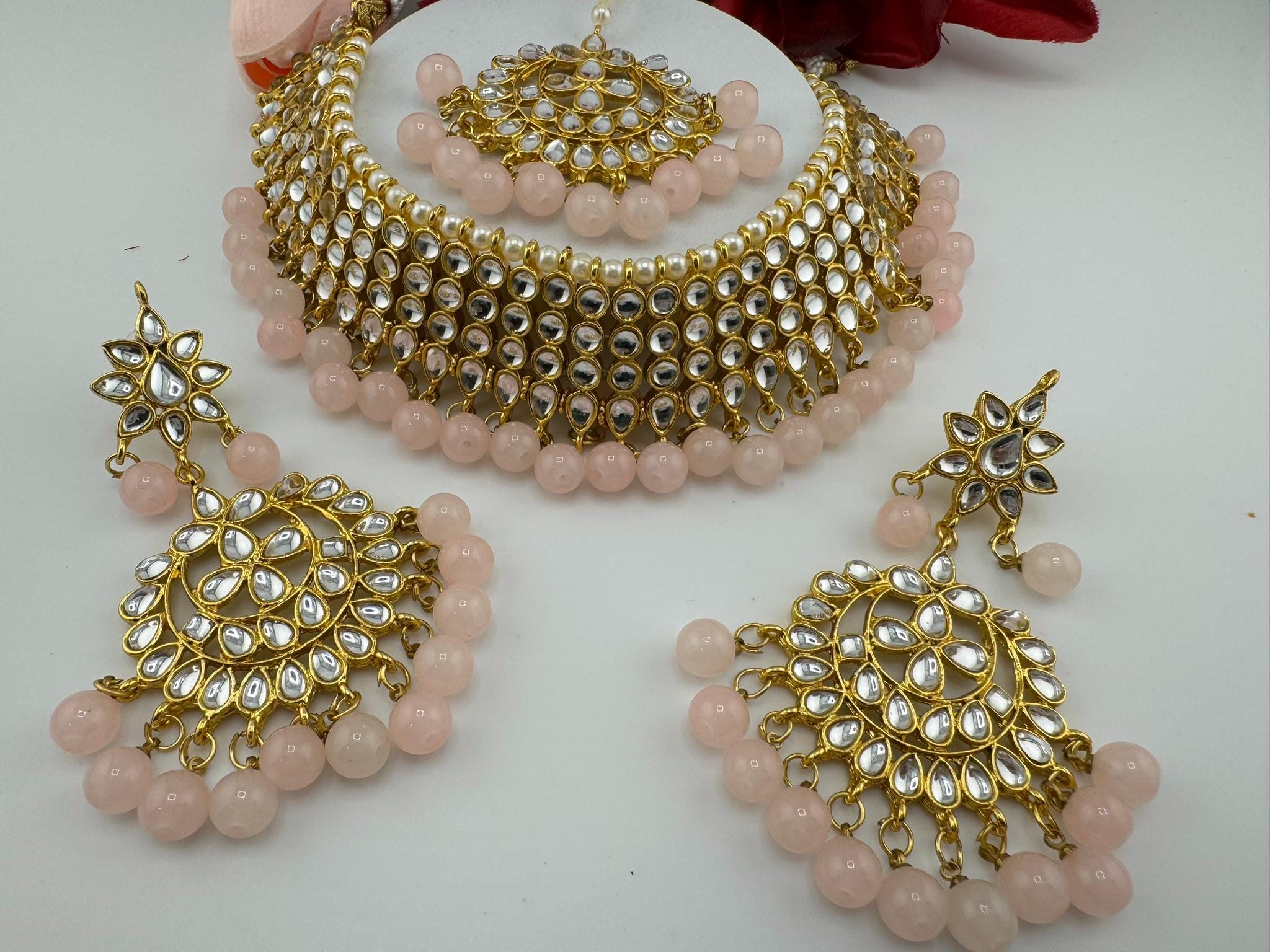 Kundan Bridal Pink Necklace Choker Set/High Quality Choker/Bridal necklace set with earring and Tika/Bridal Jewelry/Trendy Indian Bridal set