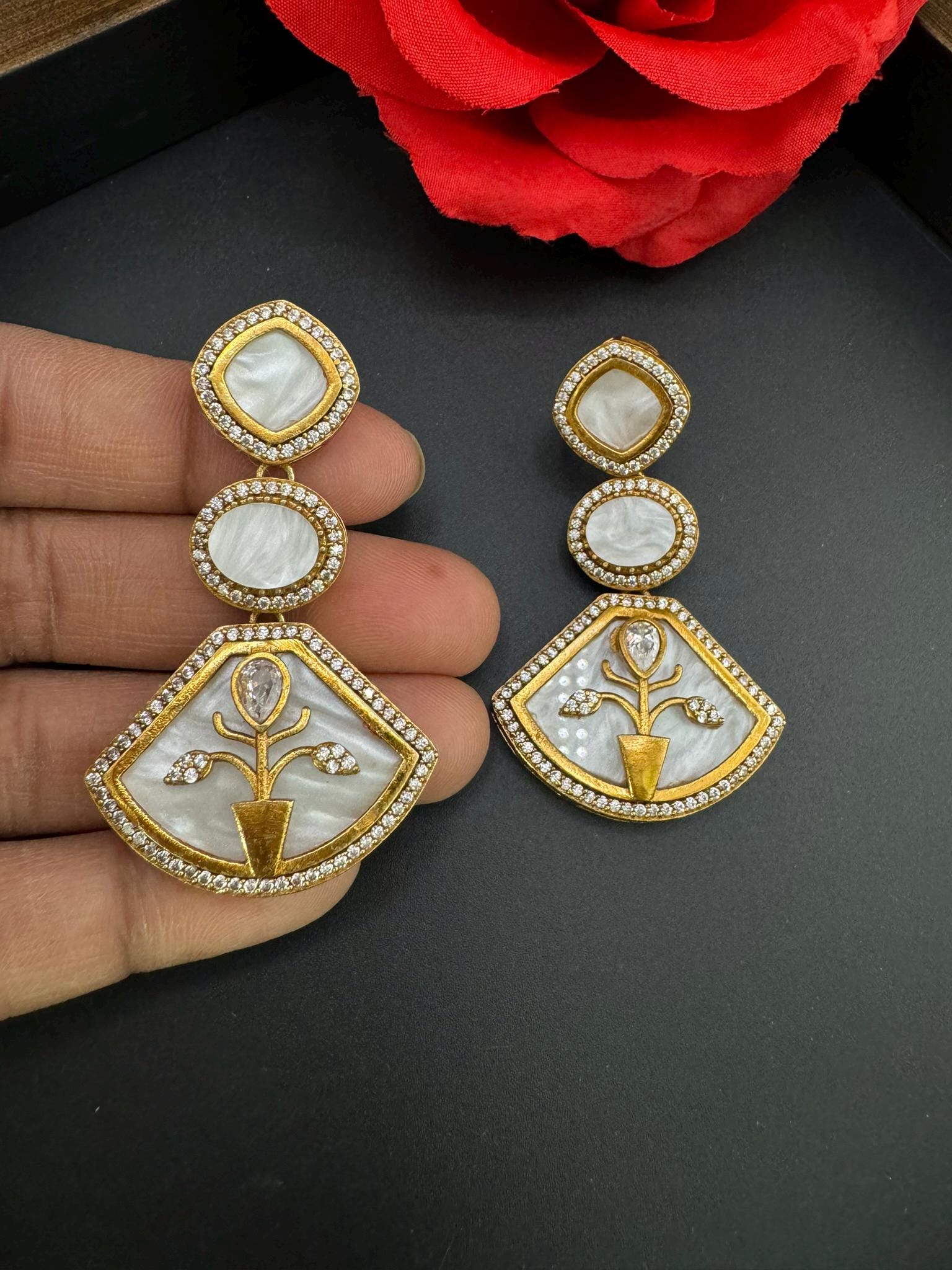 Premium Uncut kundan, natural stone, Mother Of Pearls, Matt Gold look, CZ, Amrapali inspired designer earring/Indian earring/Bridal Jewelry