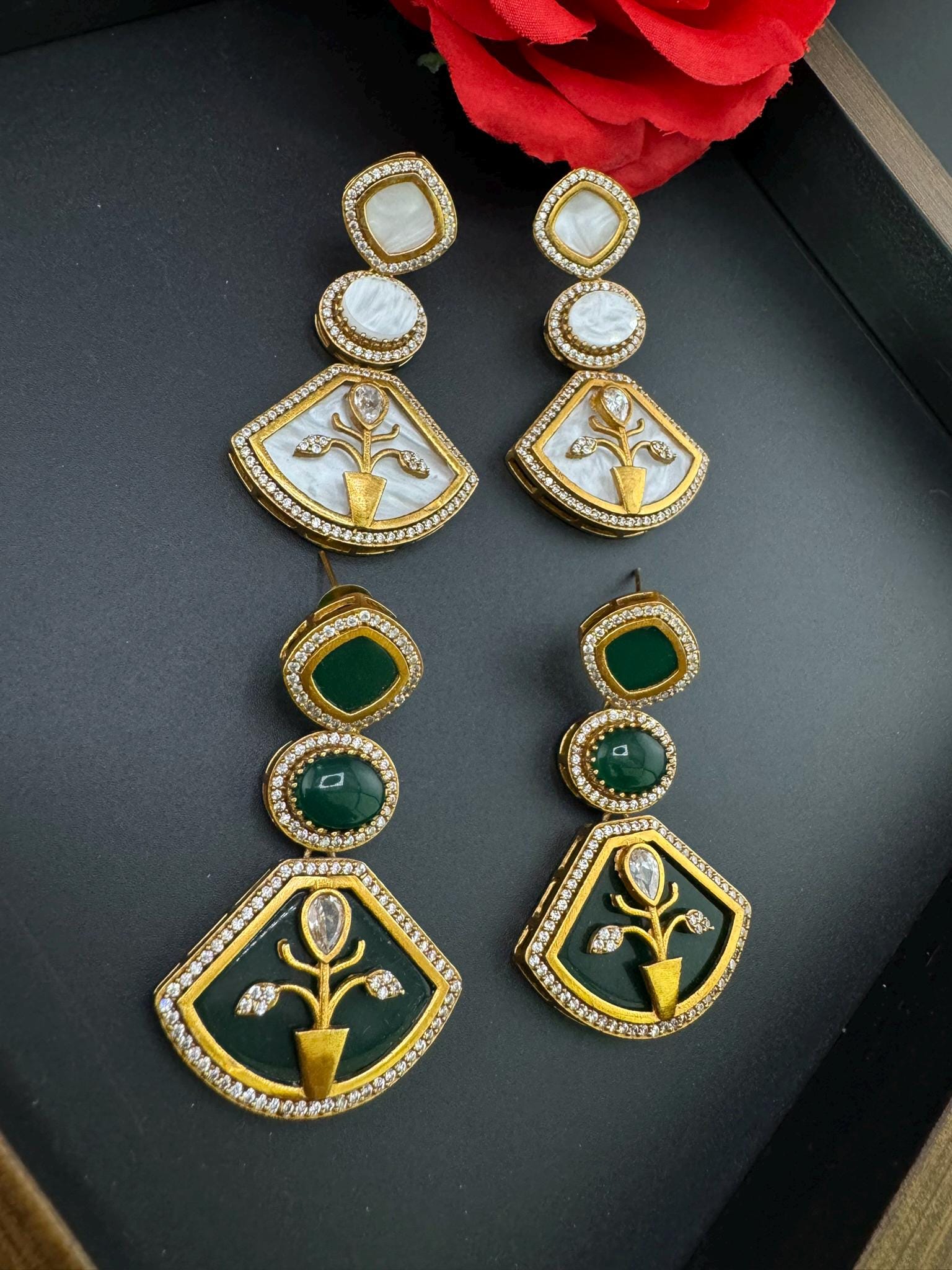 Premium Uncut kundan, natural stone, Mother Of Pearls, Matt Gold look, CZ, Amrapali inspired designer earring/Indian earring/Bridal Jewelry