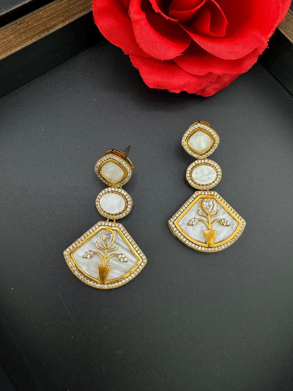Premium Uncut kundan, natural stone, Mother Of Pearls, Matt Gold look, CZ, Amrapali inspired designer earring/Indian earring/Bridal Jewelry