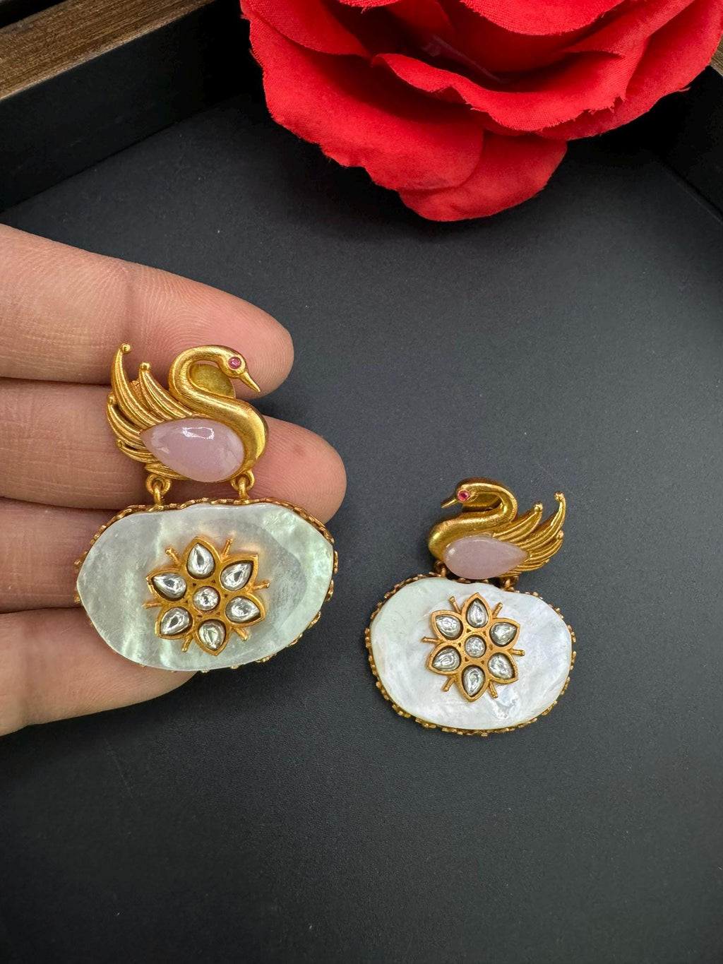 Premium Uncut kundan, Mother Of Pearls, Pink, Matt Gold swan details is Amrapali inspired designer earring/Indian earring/Bridal Jewelry