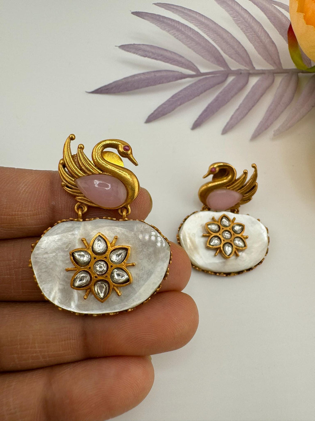 Premium Uncut kundan, Mother Of Pearls, Pink, Matt Gold swan details is Amrapali inspired designer earring/Indian earring/Bridal Jewelry