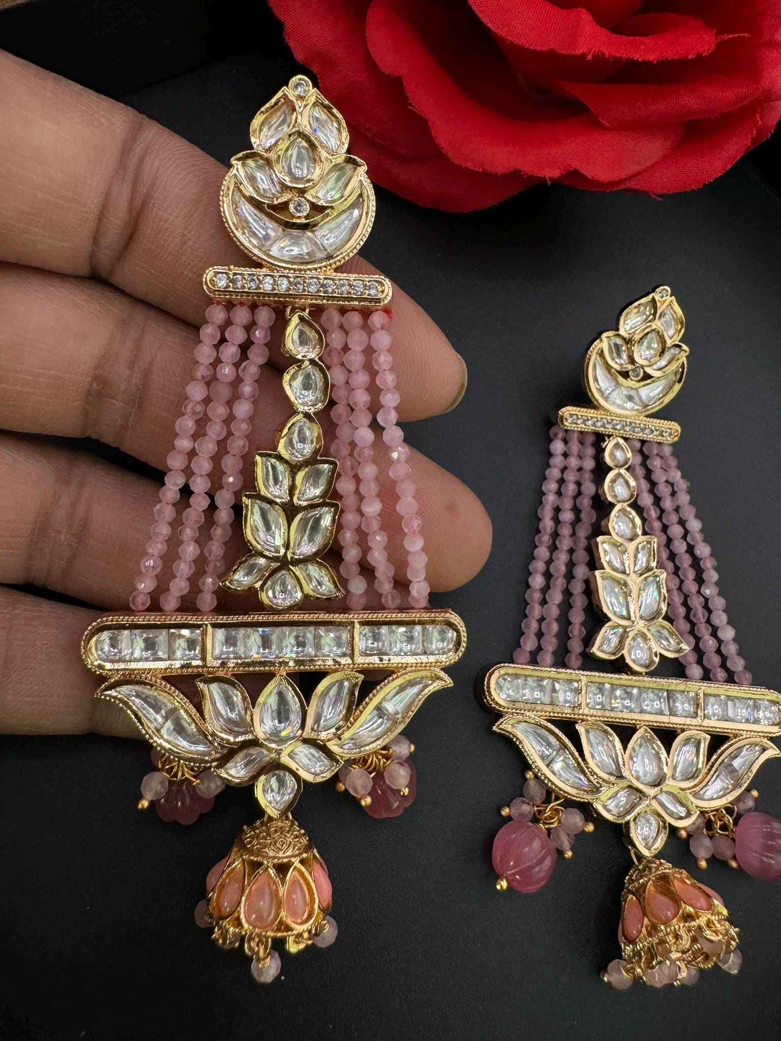 Premium High Quality Uncut Kundan, Onyx beads, CZ Tyaani inspired designer earring/Long Chandelier earring/Gold Long Earring/Bridal wear