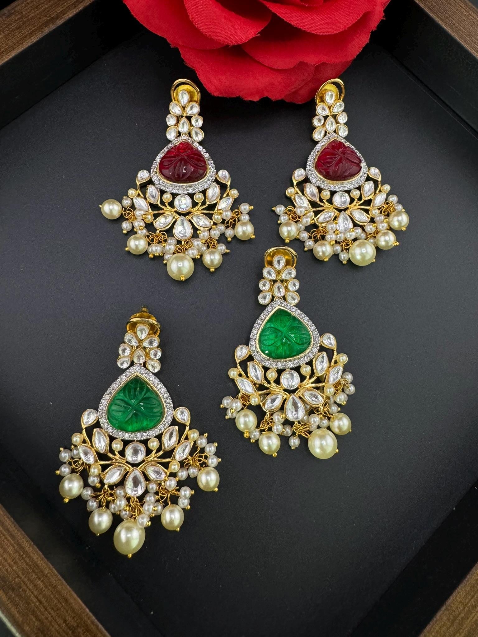 Premium Moissanite Kundan with Carved stones, CZ, Pearls designer Long Chandelier earrings